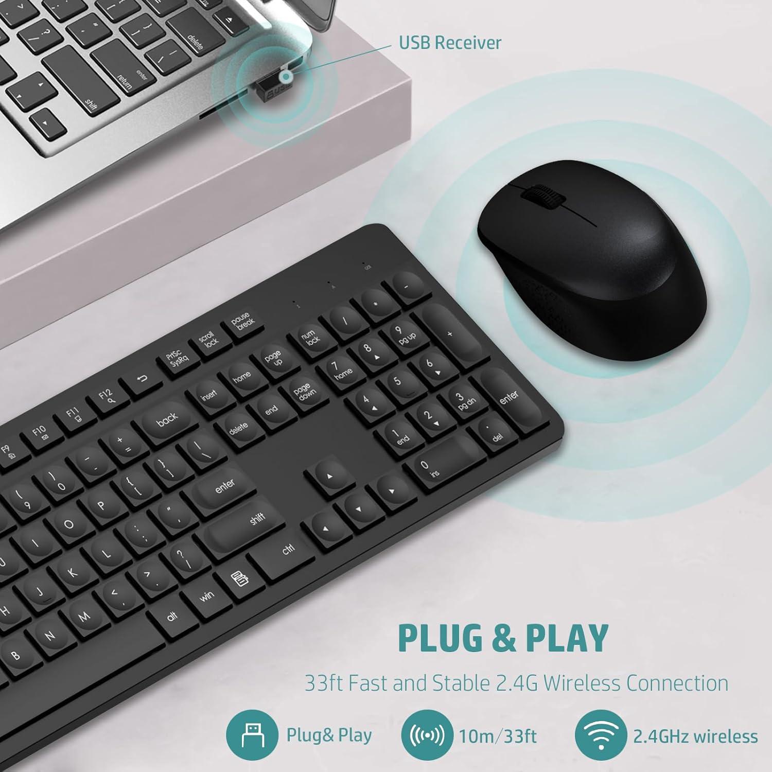 LeadsaiL Wireless Keyboard and Mouse Combo, Full-Sized Ergonomic Computer Keyboard, 2.4GHz Cordless Keyboard Silent Mouse Set with 2-in-1 USB Receiver, 12 FN Shortcuts for Windows Laptop, PC/Mac-Black