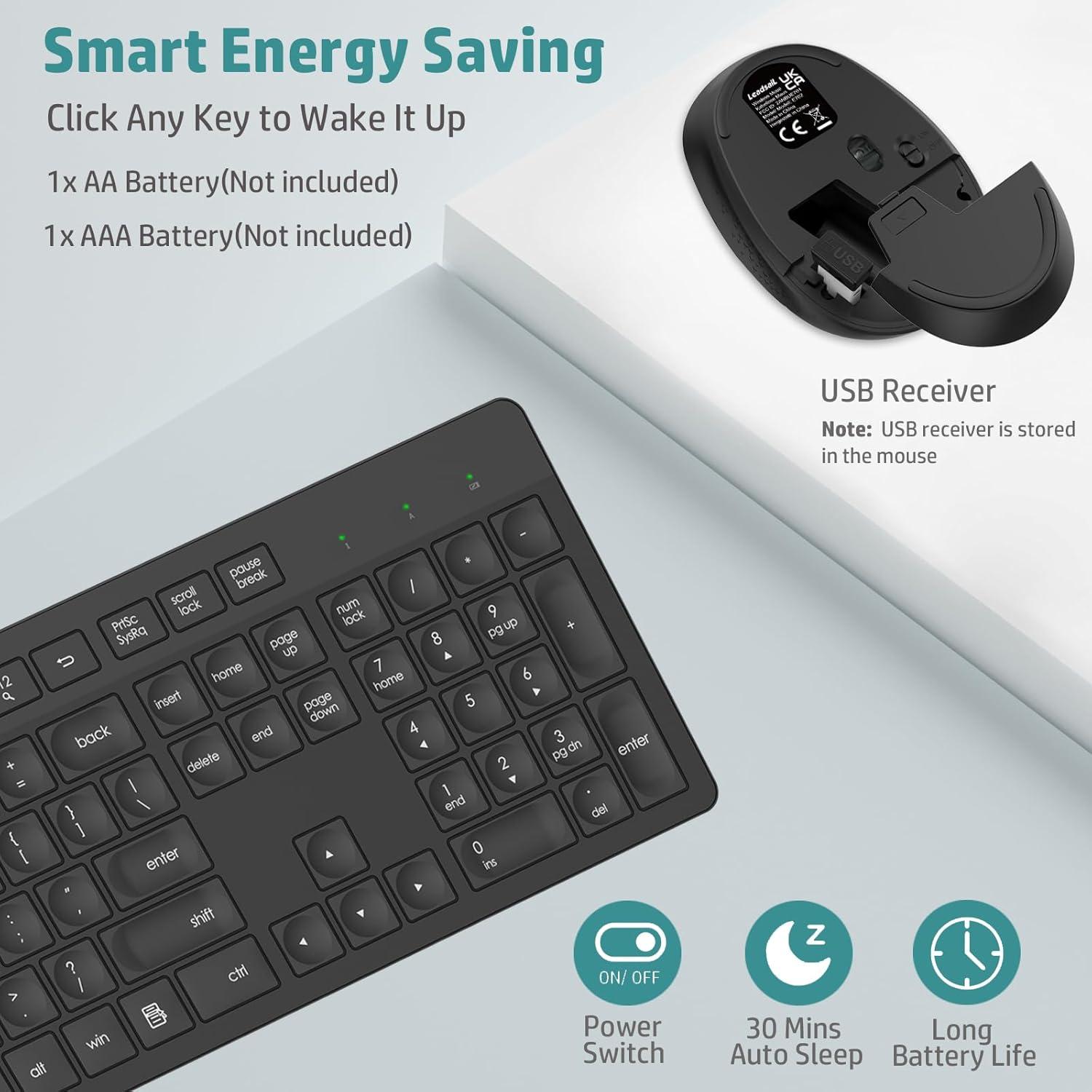 LeadsaiL Wireless Keyboard and Mouse Combo, Full-Sized Ergonomic Computer Keyboard, 2.4GHz Cordless Keyboard Silent Mouse Set with 2-in-1 USB Receiver, 12 FN Shortcuts for Windows Laptop, PC/Mac-Black