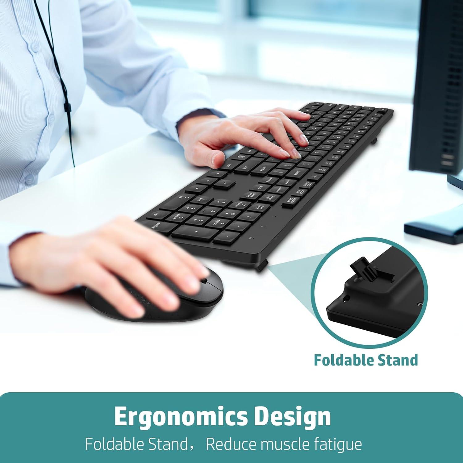 LeadsaiL Wireless Keyboard and Mouse Combo, Full-Sized Ergonomic Computer Keyboard, 2.4GHz Cordless Keyboard Silent Mouse Set with 2-in-1 USB Receiver, 12 FN Shortcuts for Windows Laptop, PC/Mac-Black