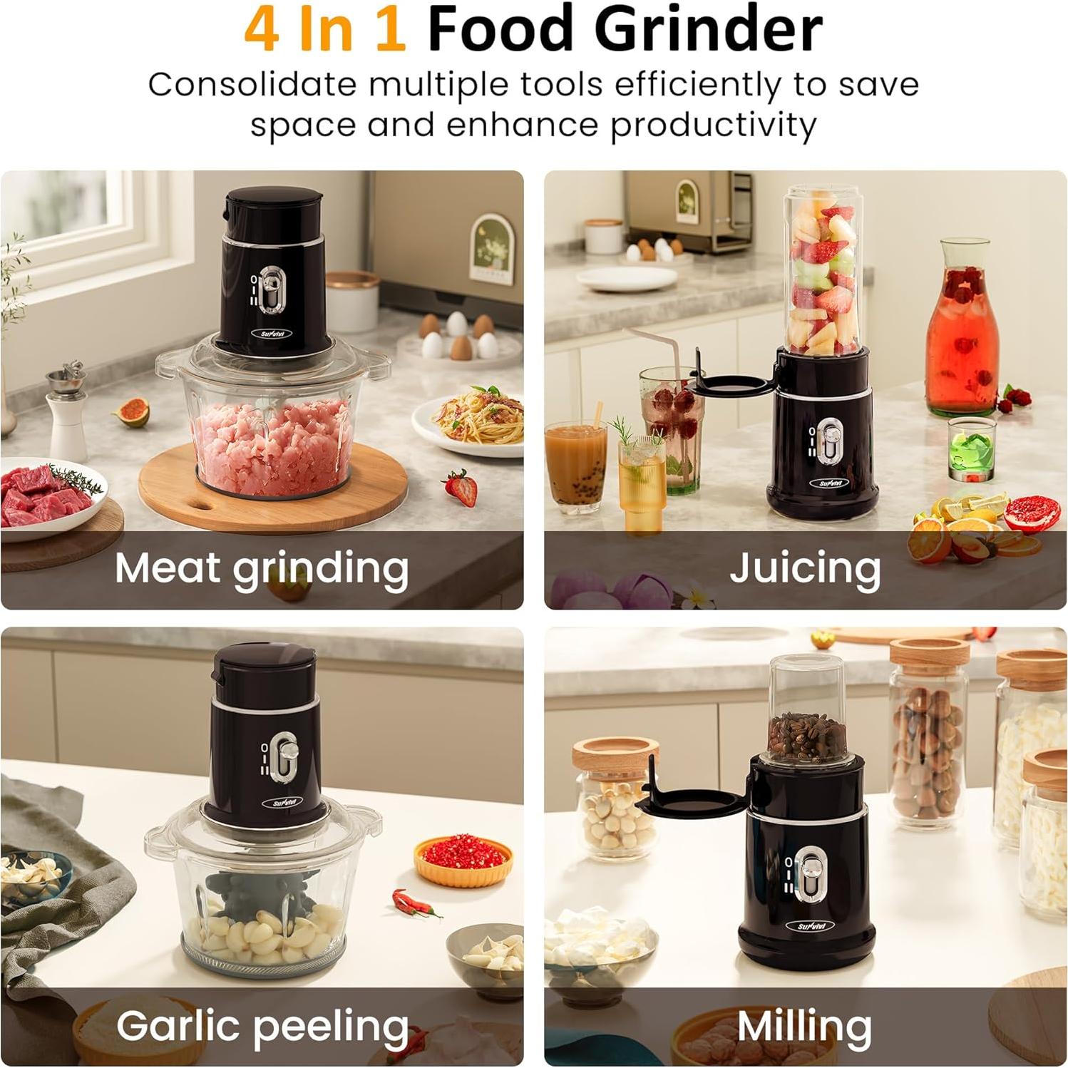 Picadora Eléctrica Sunvivi 4 en 1, 1.5L, Negro