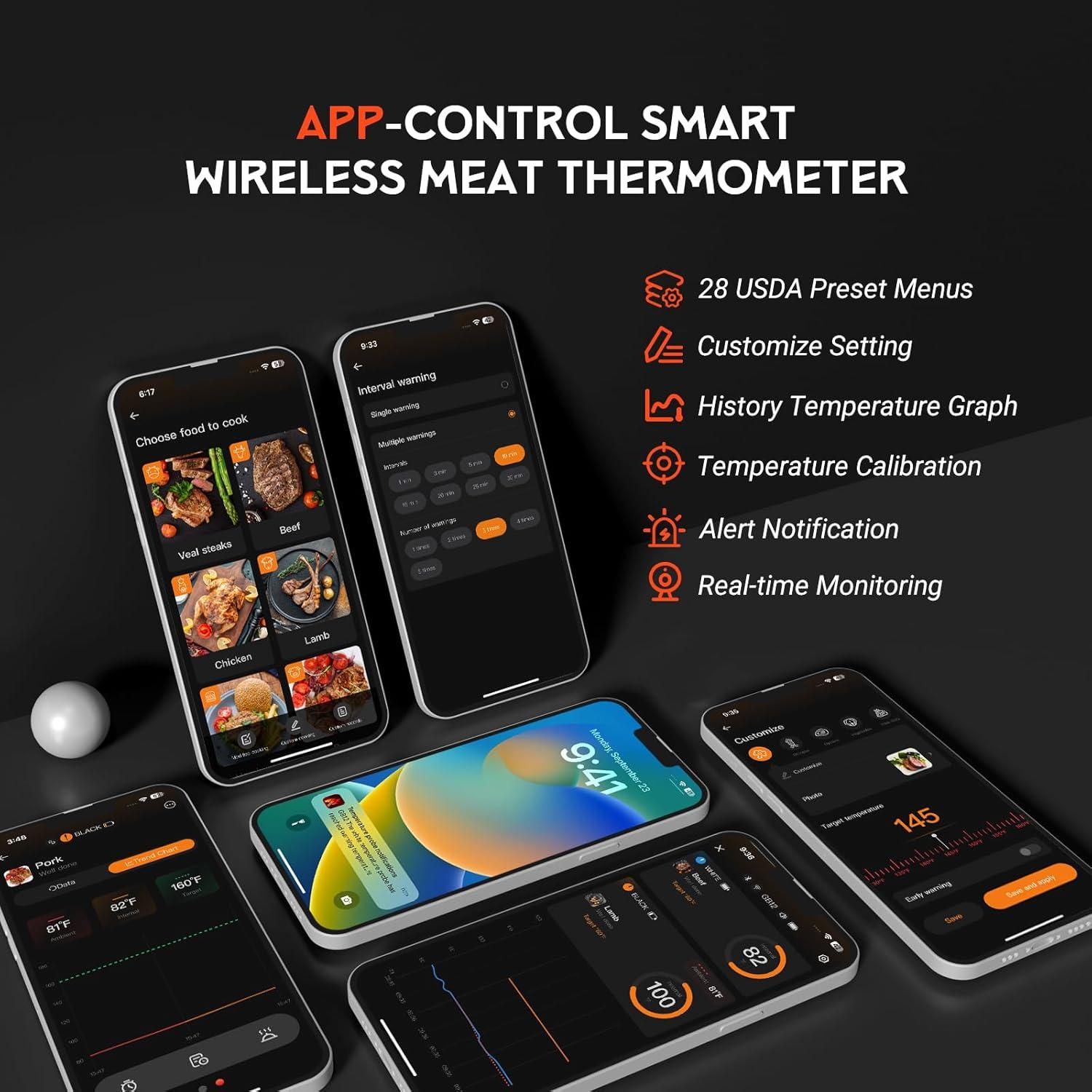 Wireless Meat Thermometer - 5G Wi-Fi and 5.4 Bluetooth Meat Thermometer Digital Wireless for Grilling and Smoking with IP67 Dual Probes and Backlight LCD Display for BBQ, Smoker, Oven, Grill