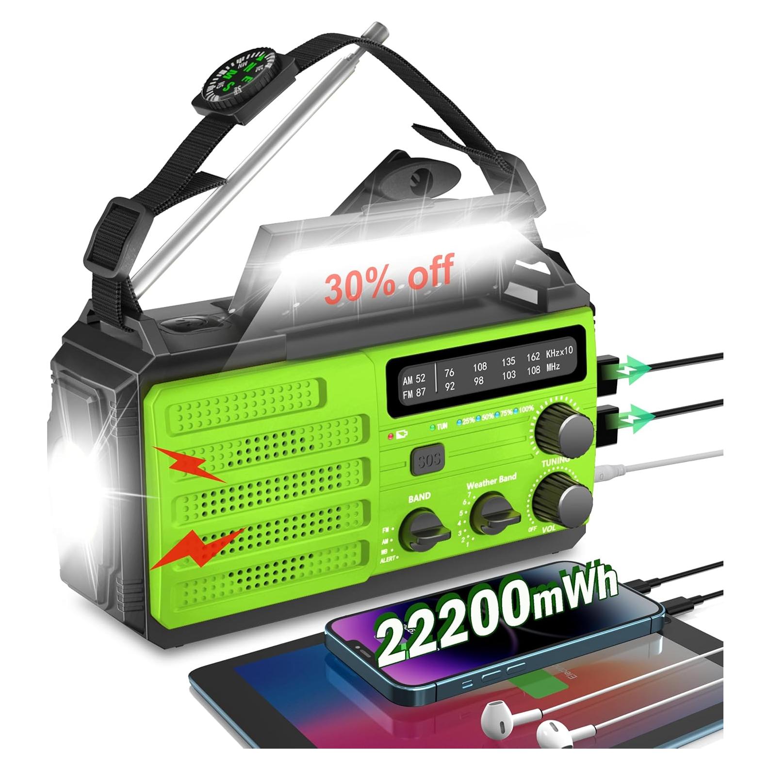 Emergency Radio with Solar & Hand Crank Power, 22200mWh (6000mAh) Crank Radio, NOAA Weather Radio Alert, SOS Alarm, AM/FM, Hand Crank Flashlight, Compass for Tornado, Winter Storm, and Survival Kits