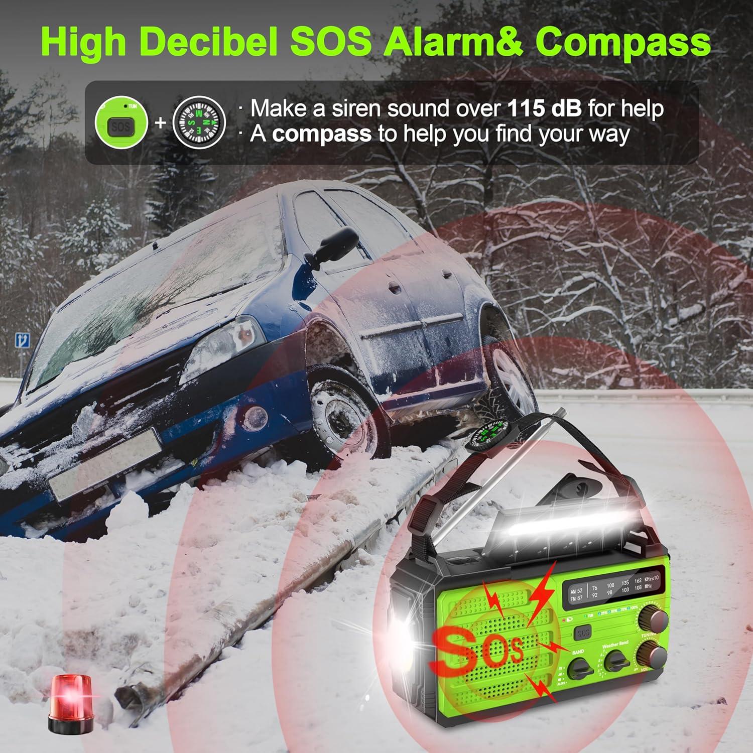 Emergency Radio with Solar & Hand Crank Power, 22200mWh (6000mAh) Crank Radio, NOAA Weather Radio Alert, SOS Alarm, AM/FM, Hand Crank Flashlight, Compass for Tornado, Winter Storm, and Survival Kits