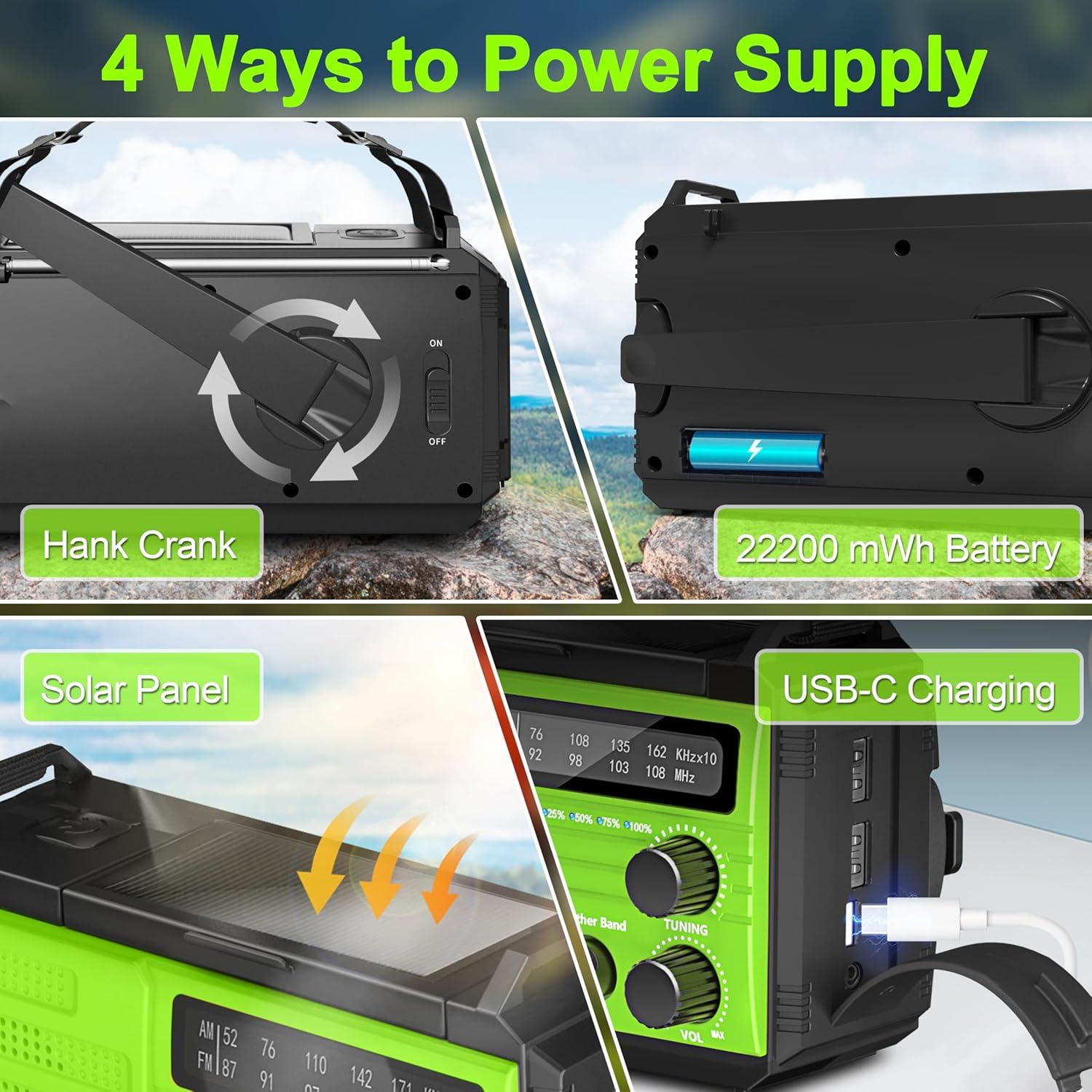 Emergency Radio with Solar & Hand Crank Power, 22200mWh (6000mAh) Crank Radio, NOAA Weather Radio Alert, SOS Alarm, AM/FM, Hand Crank Flashlight, Compass for Tornado, Winter Storm, and Survival Kits