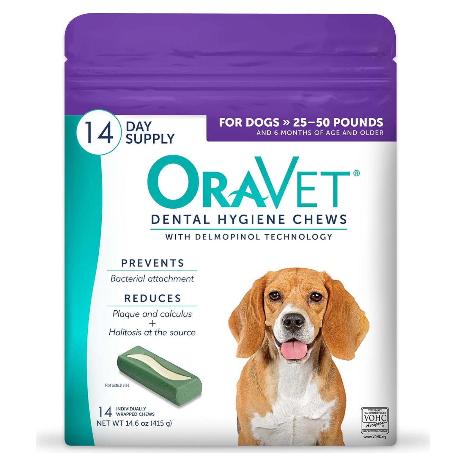 ORAVET Dental Chews for Dogs, Oral Care and Hygiene Chews (Medium Dogs, 25-50 lbs.) Purple Pouch, 14 Count