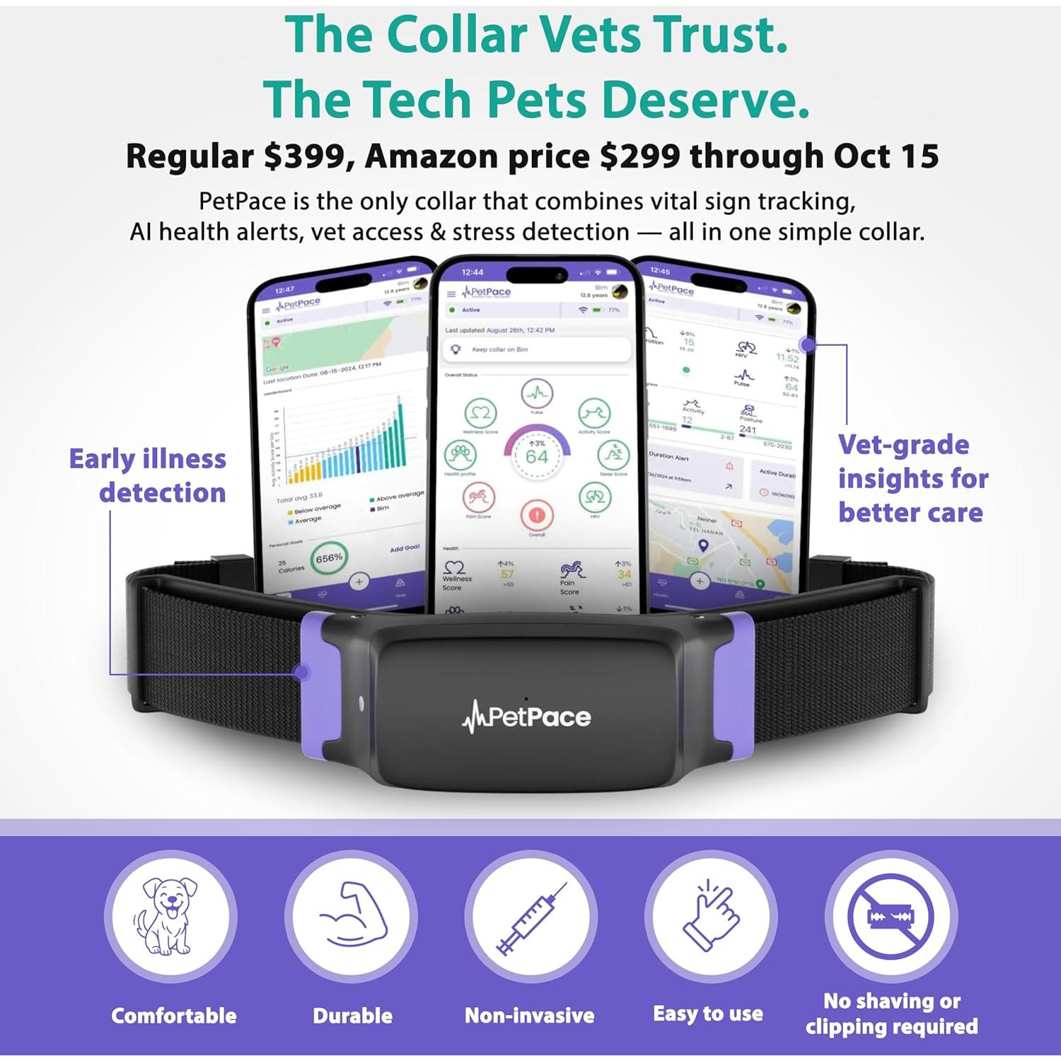 NEW Dog Health Monitor V3.0 by PetPace – AI Smart Collar with 24/7 Vital Signs, Pain & GPS Tracking, Telehealth AskaVet & Share With Your Vet, Smartwatch Sync – Subscription Required (Small)