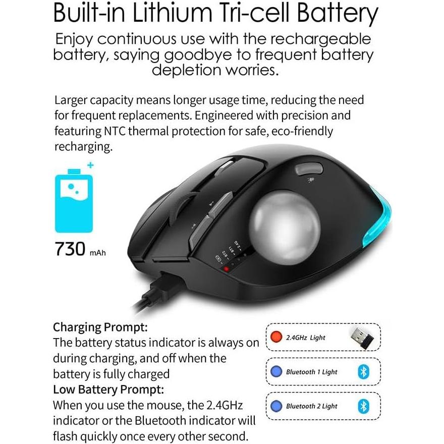 JOMAA Ergonomic Wireless Trackball USB Mouse with 4800 DPI/7 Programmable Buttons, Thumb Control Mice,3 Device Connection (Bluetooth or USB Receiver), Compatible for PC, Laptop, Mac, Windows.(Black)