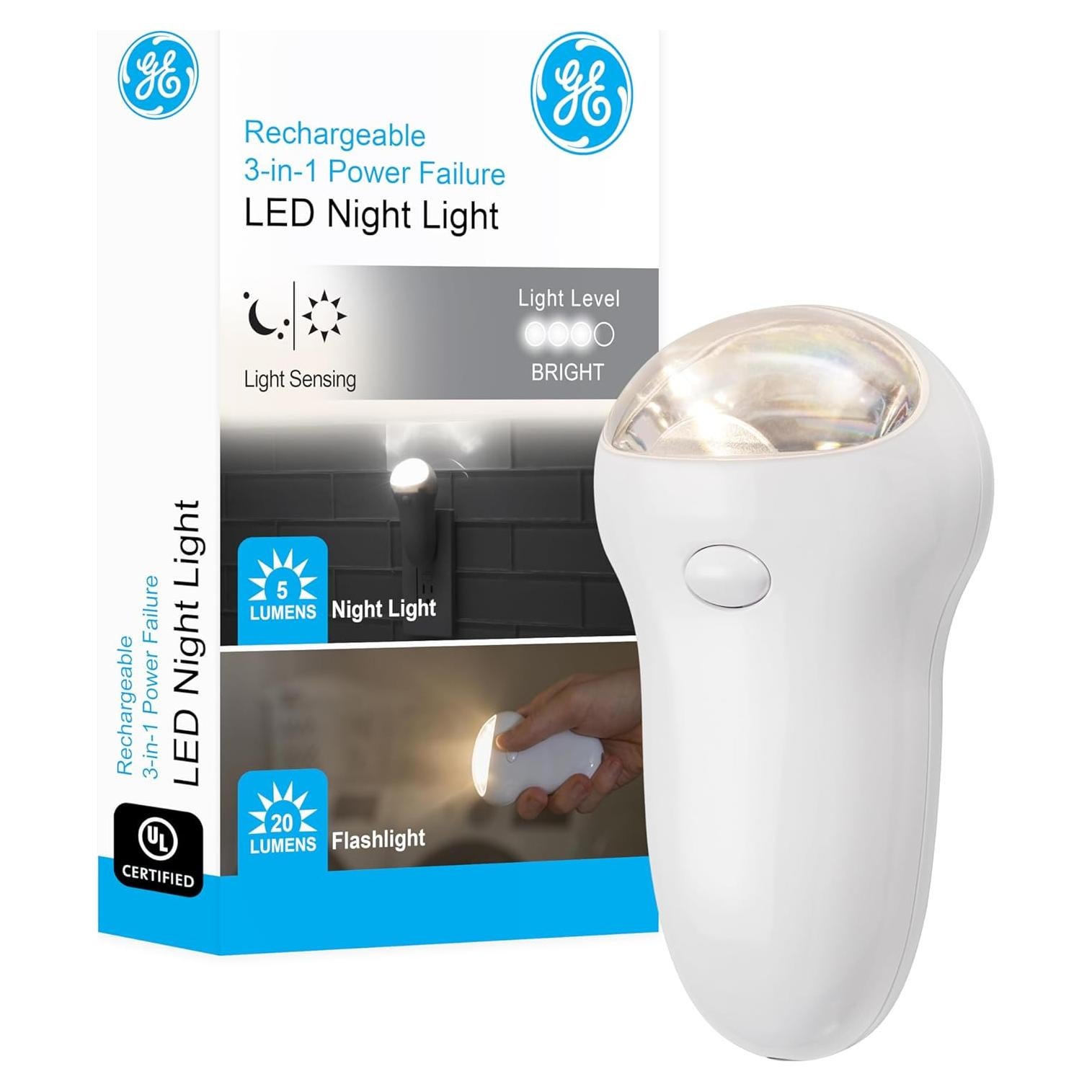 GE 3-in-1 LED Power Failure Night Light, Emergency Flashlight, Plug-In, Rechargeable, Light Sensing, Auto On/Off, Foldable Plug, Soft White, Hurricane, Storm, Tornado, Glossy White Finish, 11281