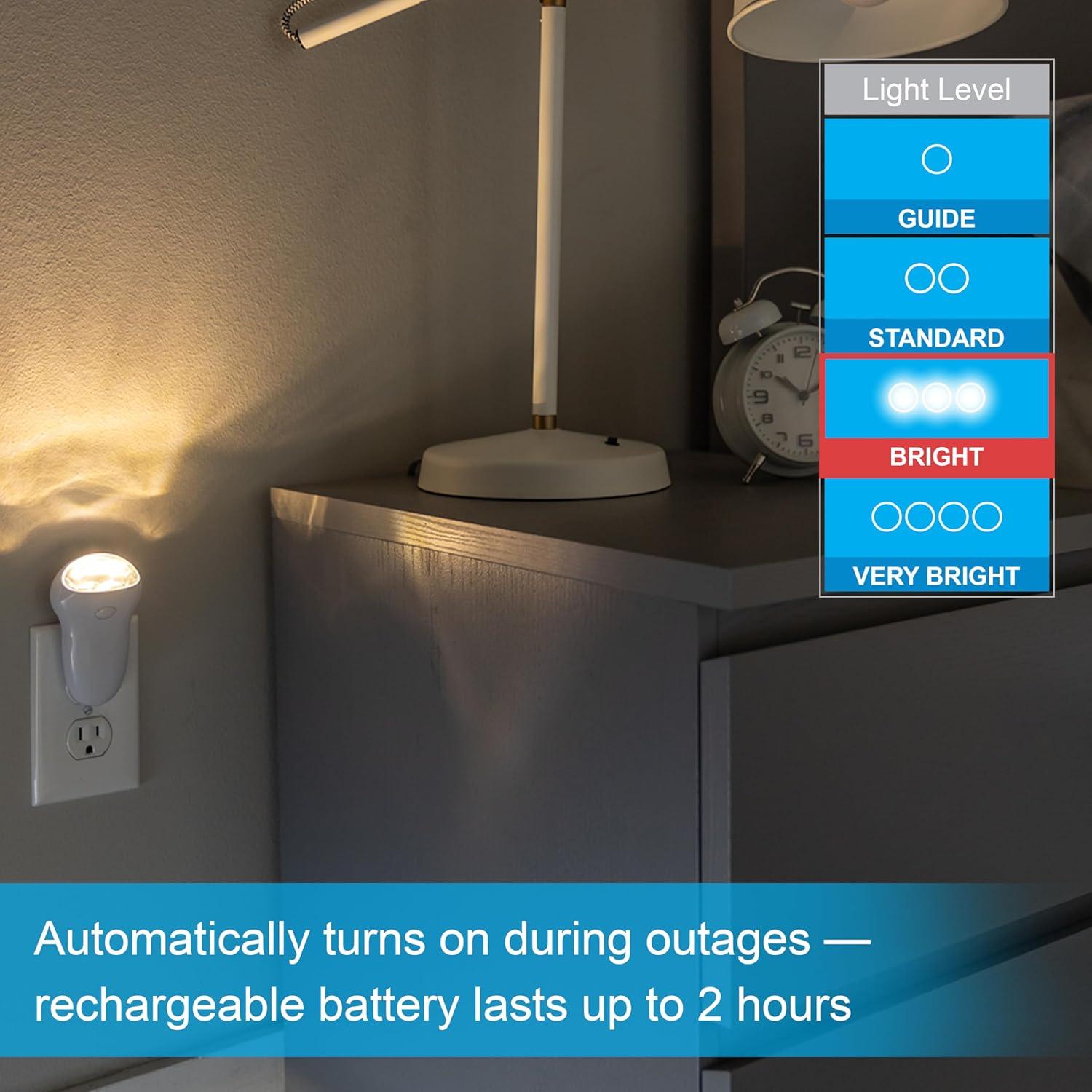 GE 3-in-1 LED Power Failure Night Light, Emergency Flashlight, Plug-In, Rechargeable, Light Sensing, Auto On/Off, Foldable Plug, Soft White, Hurricane, Storm, Tornado, Glossy White Finish, 11281