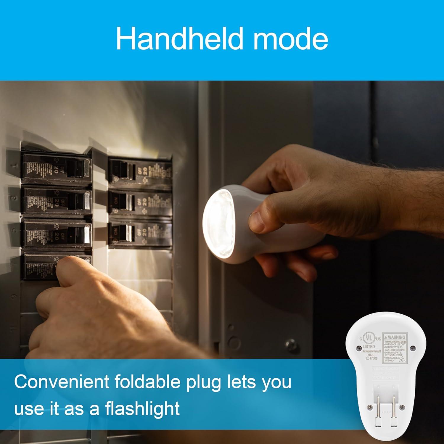 GE 3-in-1 LED Power Failure Night Light, Emergency Flashlight, Plug-In, Rechargeable, Light Sensing, Auto On/Off, Foldable Plug, Soft White, Hurricane, Storm, Tornado, Glossy White Finish, 11281