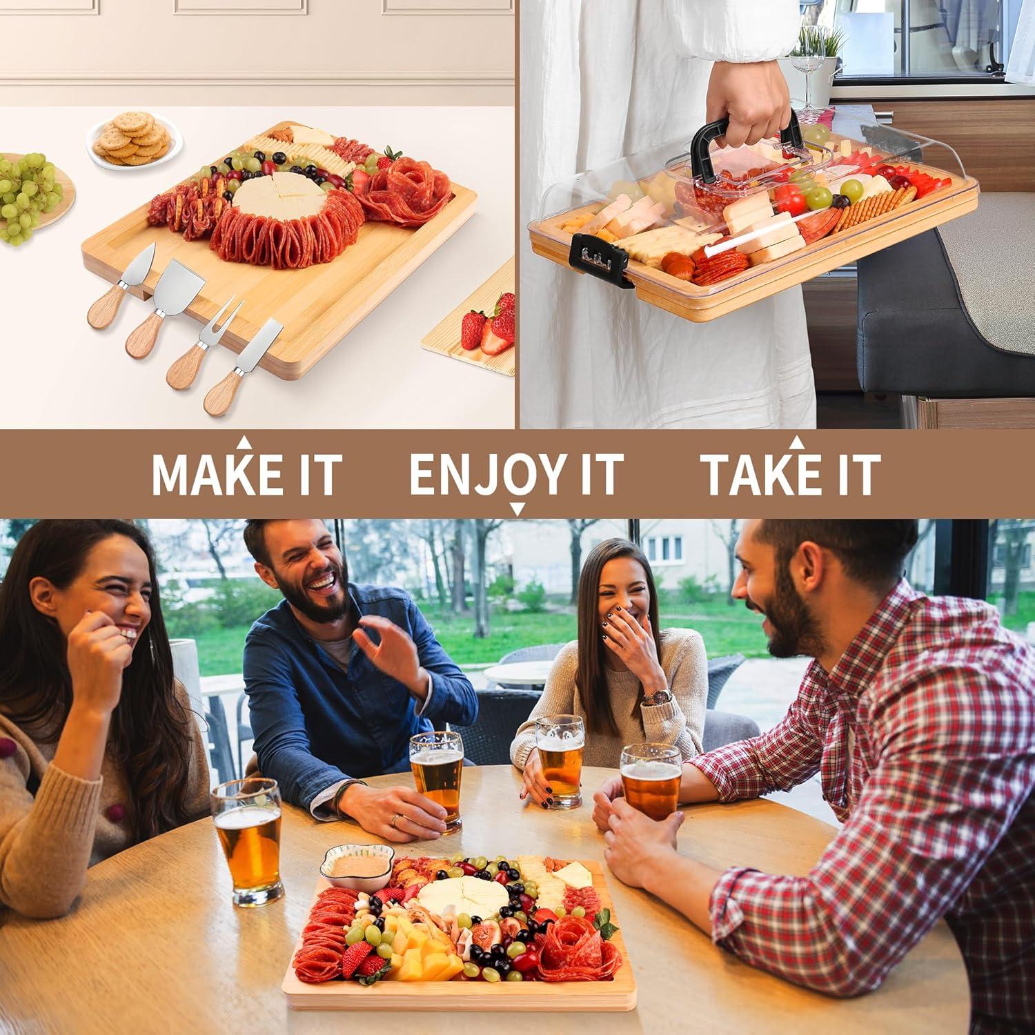 Charcuterie Board with Lid and Handle - Portable Travel Design Bamboo Cheese Board Set with 4 Cheese Tools, Gift for Housewarming, Weddings, Picnics(1 Compartment, Black)