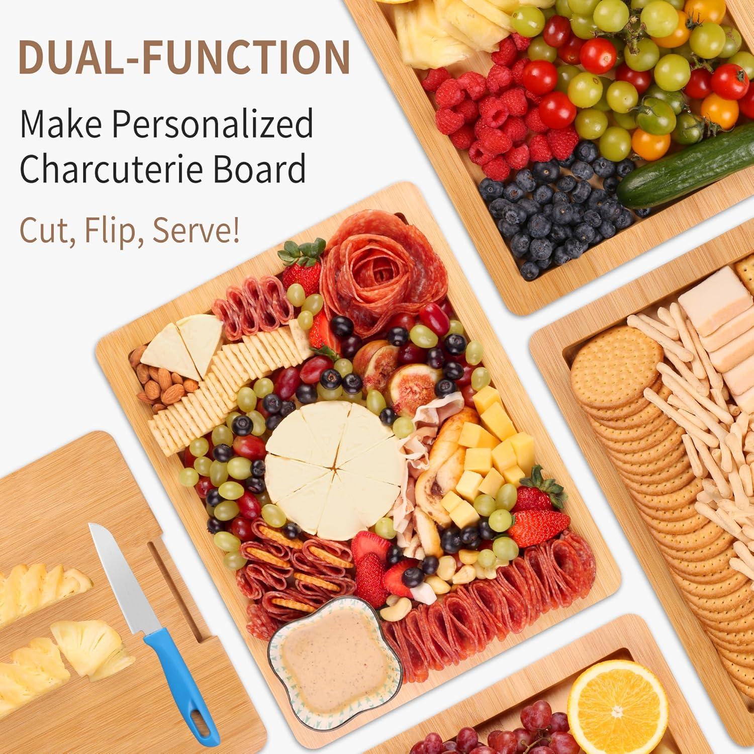 Charcuterie Board with Lid and Handle - Portable Travel Design Bamboo Cheese Board Set with 4 Cheese Tools, Gift for Housewarming, Weddings, Picnics(1 Compartment, Black)