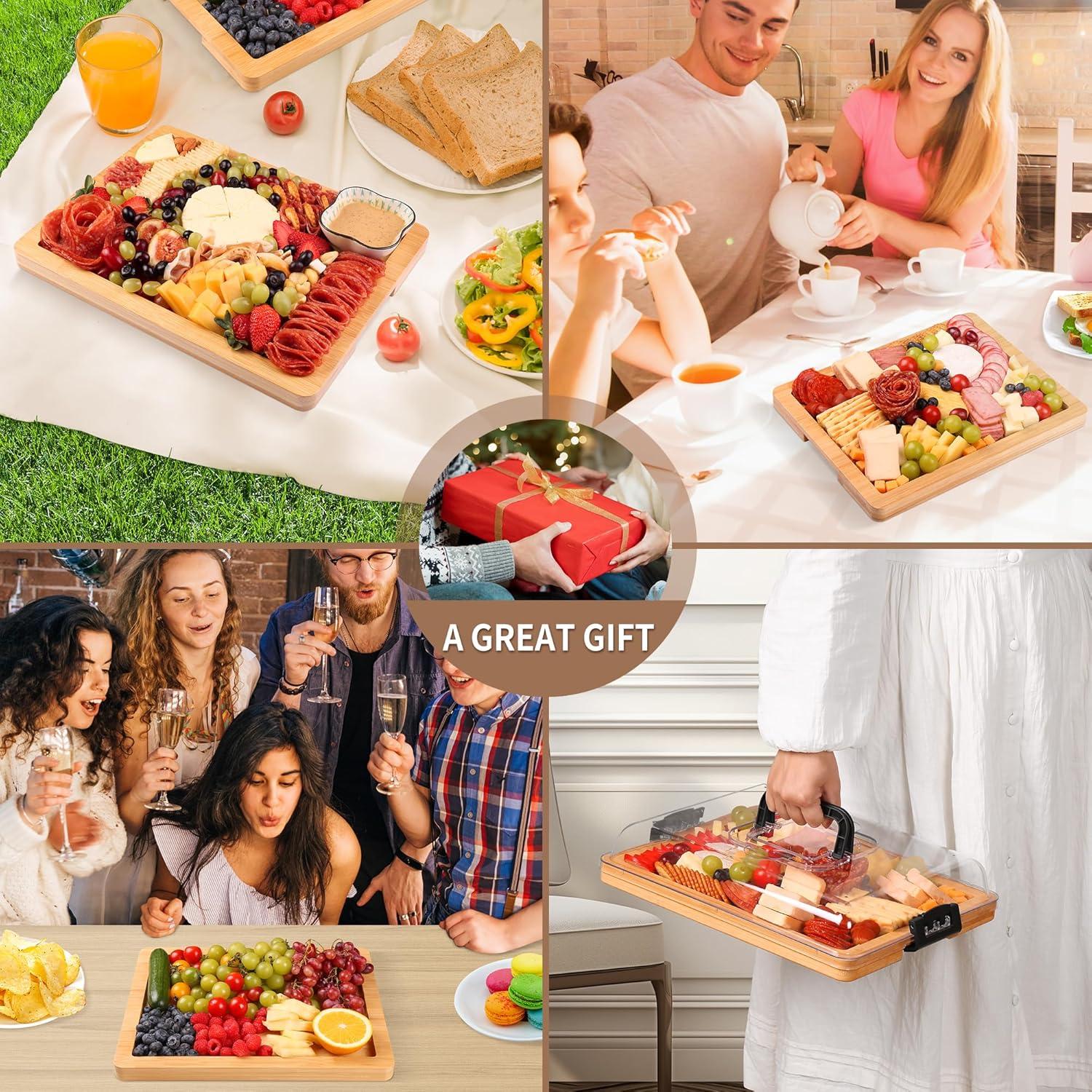 Charcuterie Board with Lid and Handle - Portable Travel Design Bamboo Cheese Board Set with 4 Cheese Tools, Gift for Housewarming, Weddings, Picnics(1 Compartment, Black)