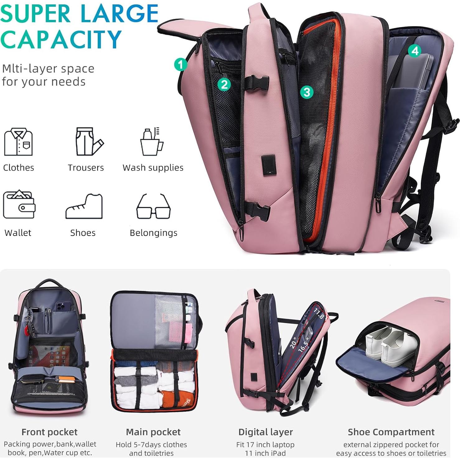 Mochila de viaje 50L Rosa para laptop 17.3" con USB