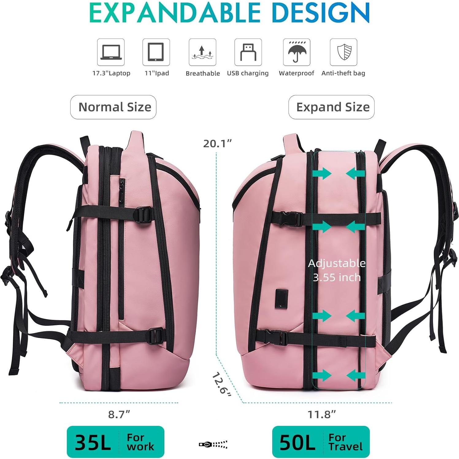 Mochila de viaje 50L Rosa para laptop 17.3" con USB
