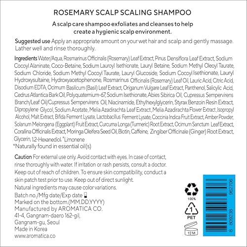 AROMATICA Rosemary Scalp Scaling Shampoo - Thinning Hair Loss Natural Rosemary Essential oil for Women - Vegan Hair Growth Biotin Korean Shampoo - Free from Sulfate, Silicone, and Paraben (13.53 oz)