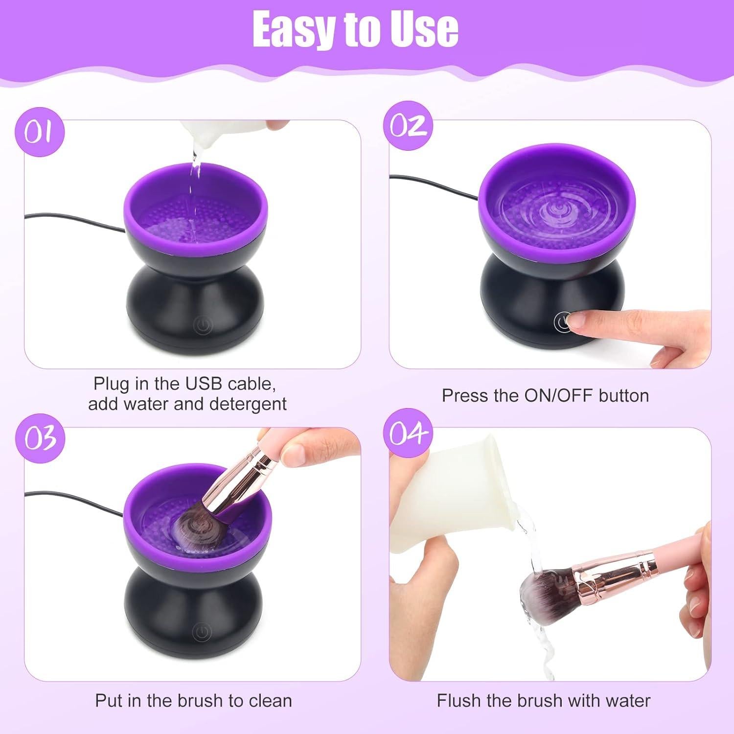 Electric Makeup Brush Cleaner, Luxiv Wash Makeup Brush Cleaner Machine Fit for All Size Automatic Spinner Dryer, Beauty Blender Washer (Black+Purple)