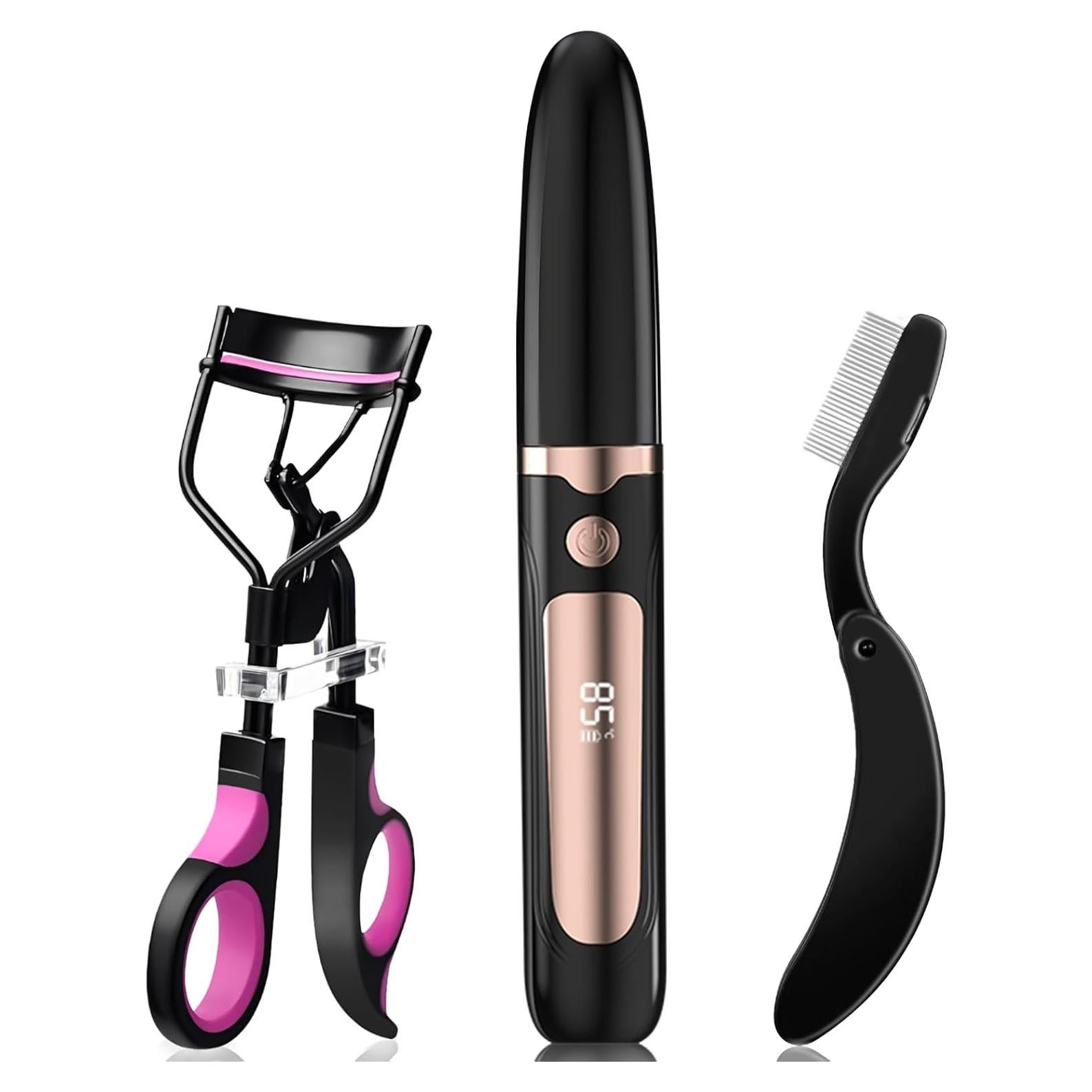 3-in-1 Heated Eyelash Curler Kit,Eyelash curlers &Folding Eyelash Comb,24 Hours Long Lasting Natural Curl,4 Heat Levels,Anti-Burn,Non-Slip Finger Grips, Easy to Use,rizador de pestañas