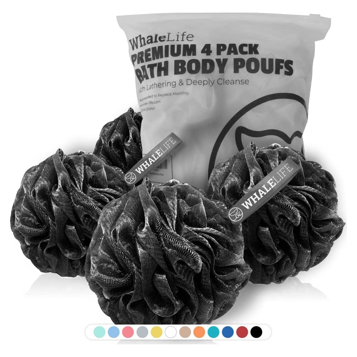 Shower Puff 4 Pack Black Bath Sponge Shower Loofahs Pouf Ball Nature Bamboo Charcoal Mesh Bulk Puffs Large, Shower Essential Skin Care by WhaleLife