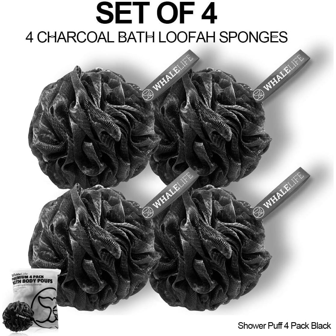 Shower Puff 4 Pack Black Bath Sponge Shower Loofahs Pouf Ball Nature Bamboo Charcoal Mesh Bulk Puffs Large, Shower Essential Skin Care by WhaleLife