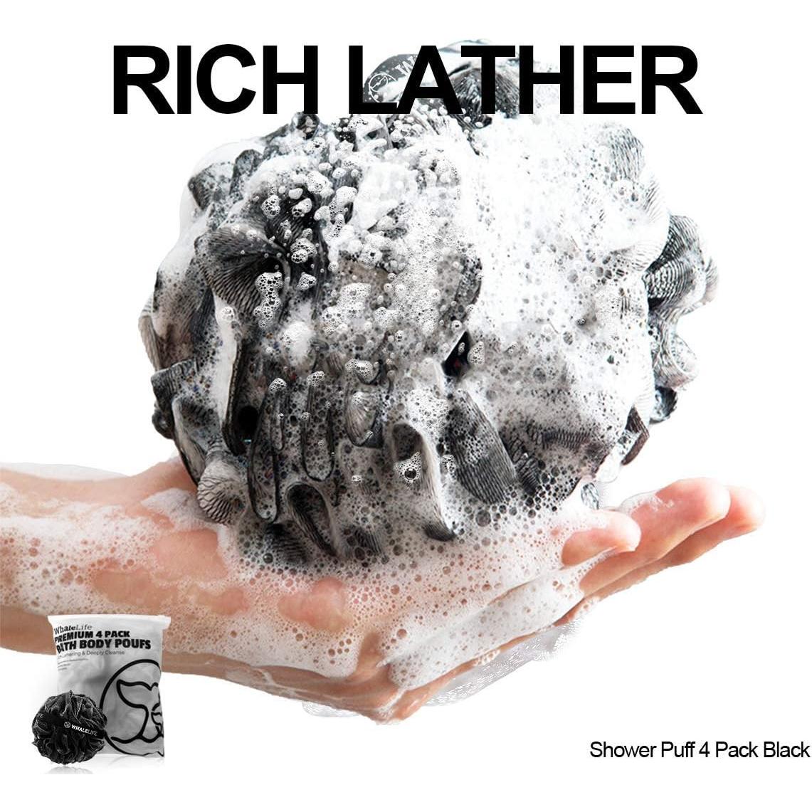 Shower Puff 4 Pack Black Bath Sponge Shower Loofahs Pouf Ball Nature Bamboo Charcoal Mesh Bulk Puffs Large, Shower Essential Skin Care by WhaleLife