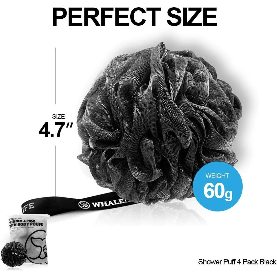 Shower Puff 4 Pack Black Bath Sponge Shower Loofahs Pouf Ball Nature Bamboo Charcoal Mesh Bulk Puffs Large, Shower Essential Skin Care by WhaleLife