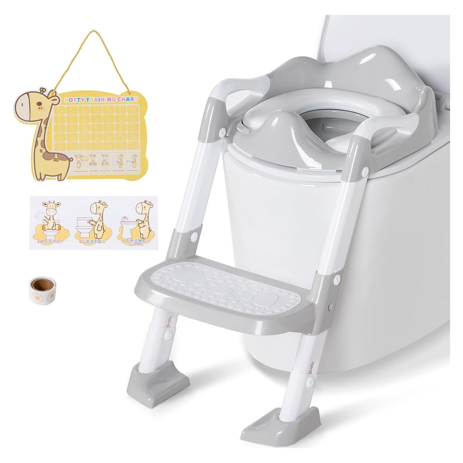 Potty Training Seat with Step Stool, Toddler Toilet Seat w/Ladder, Potty Training Chart, Splash Guard & Upgraded Non-Slip Pads, Kids Foldable Training Toilet Potty Chair for Boys Girls (Gray)