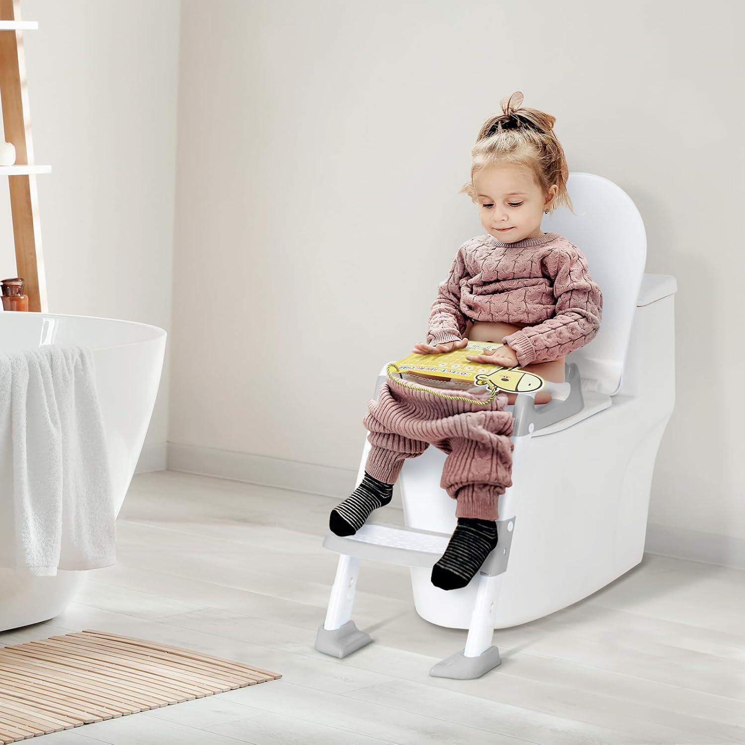 Potty Training Seat with Step Stool, Toddler Toilet Seat w/Ladder, Potty Training Chart, Splash Guard & Upgraded Non-Slip Pads, Kids Foldable Training Toilet Potty Chair for Boys Girls (Gray)