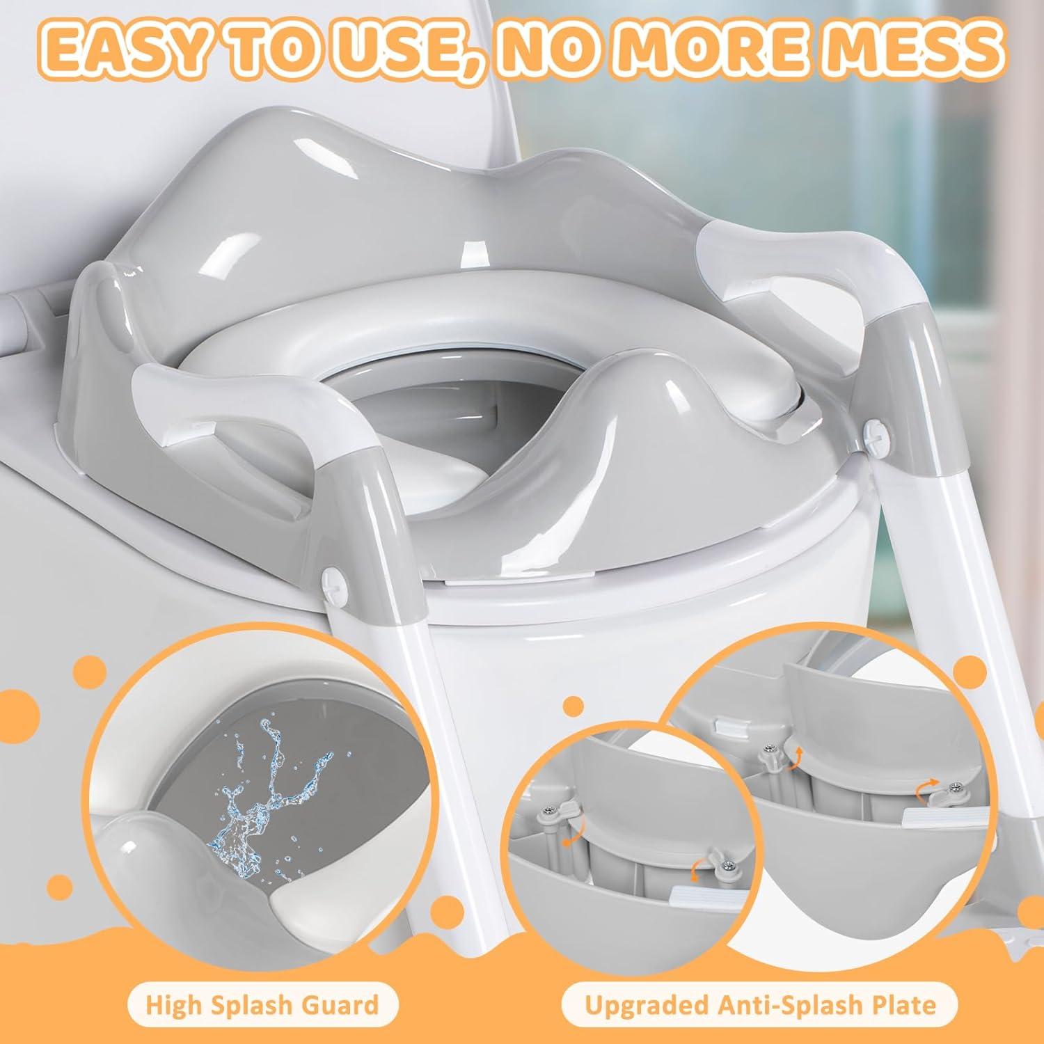 Potty Training Seat with Step Stool, Toddler Toilet Seat w/Ladder, Potty Training Chart, Splash Guard & Upgraded Non-Slip Pads, Kids Foldable Training Toilet Potty Chair for Boys Girls (Gray)