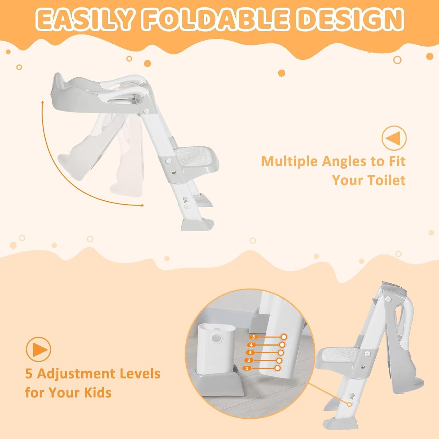 Potty Training Seat with Step Stool, Toddler Toilet Seat w/Ladder, Potty Training Chart, Splash Guard & Upgraded Non-Slip Pads, Kids Foldable Training Toilet Potty Chair for Boys Girls (Gray)