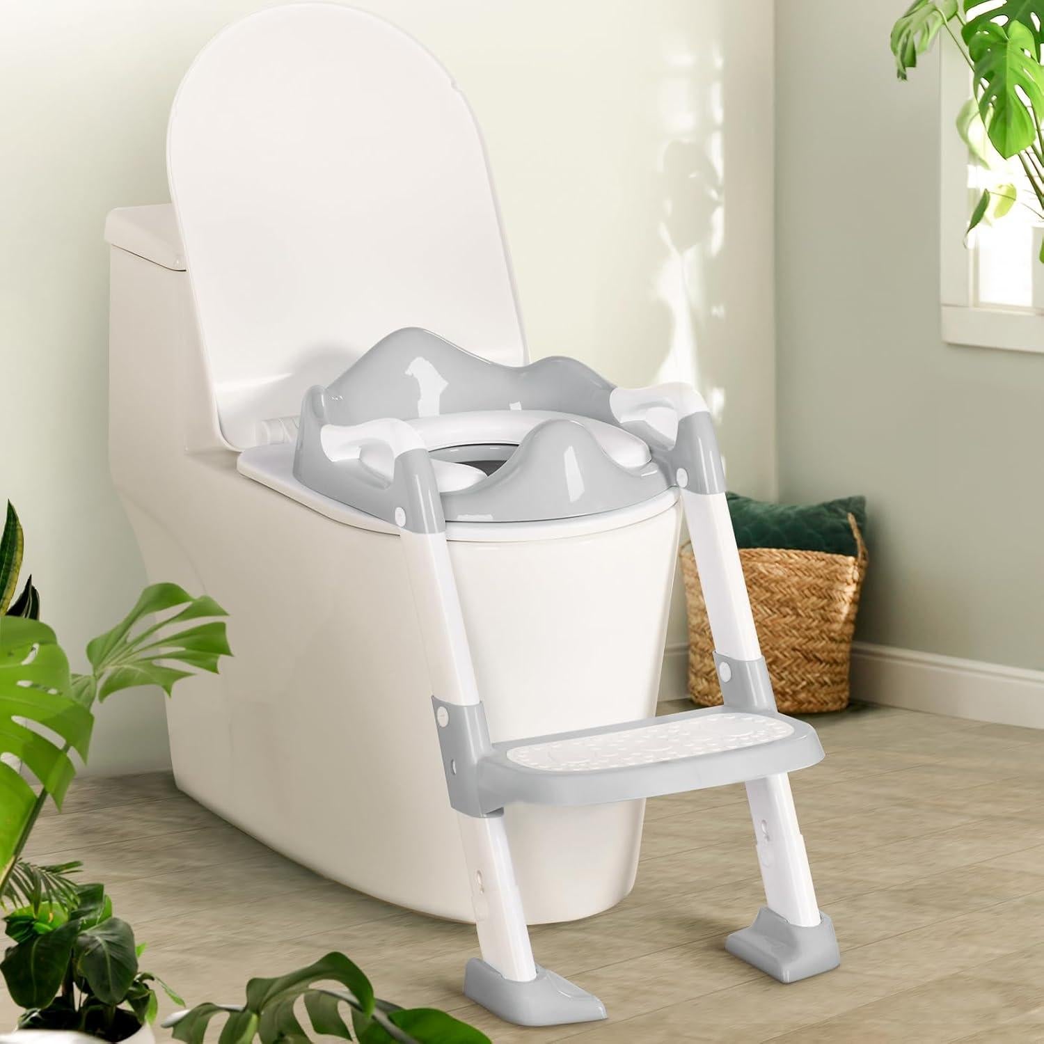 Potty Training Seat with Step Stool, Toddler Toilet Seat w/Ladder, Potty Training Chart, Splash Guard & Upgraded Non-Slip Pads, Kids Foldable Training Toilet Potty Chair for Boys Girls (Gray)