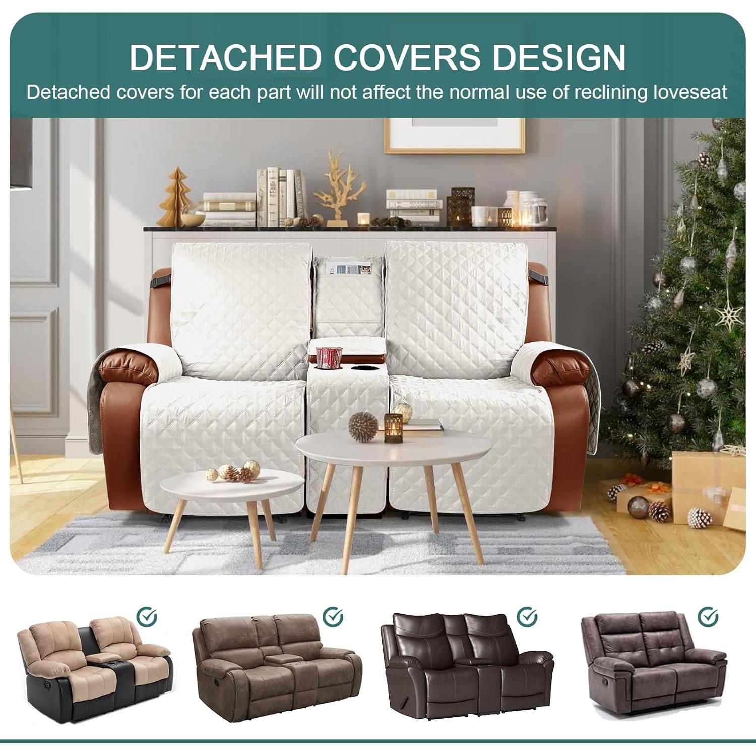 Ruaozz Waterproof Recliner Loveseat Cover with Console, Non-Slip Couch Cover Pet Cover for Double Recliner Split Sofa Cover with Elastic Straps for Kids, Dogs, Pets (Beige,2 Seater)