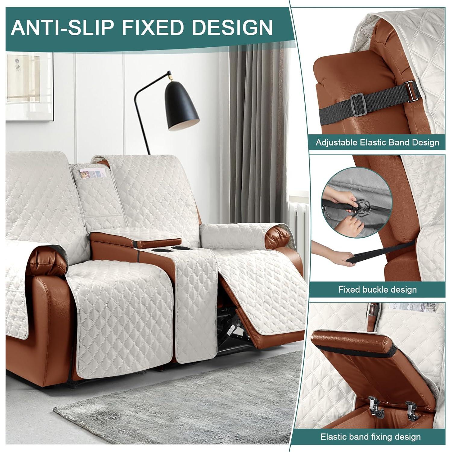 Ruaozz Waterproof Recliner Loveseat Cover with Console, Non-Slip Couch Cover Pet Cover for Double Recliner Split Sofa Cover with Elastic Straps for Kids, Dogs, Pets (Beige,2 Seater)