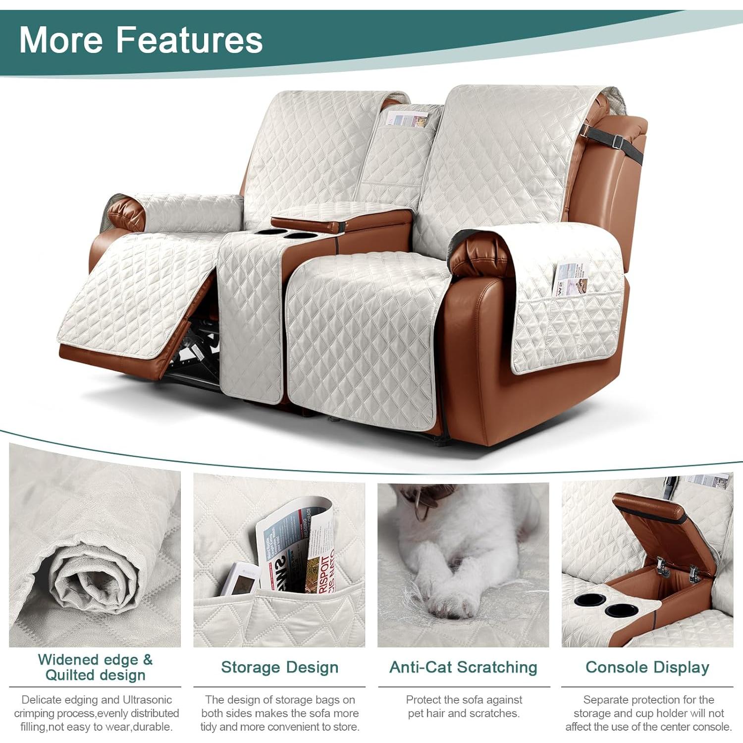 Ruaozz Waterproof Recliner Loveseat Cover with Console, Non-Slip Couch Cover Pet Cover for Double Recliner Split Sofa Cover with Elastic Straps for Kids, Dogs, Pets (Beige,2 Seater)