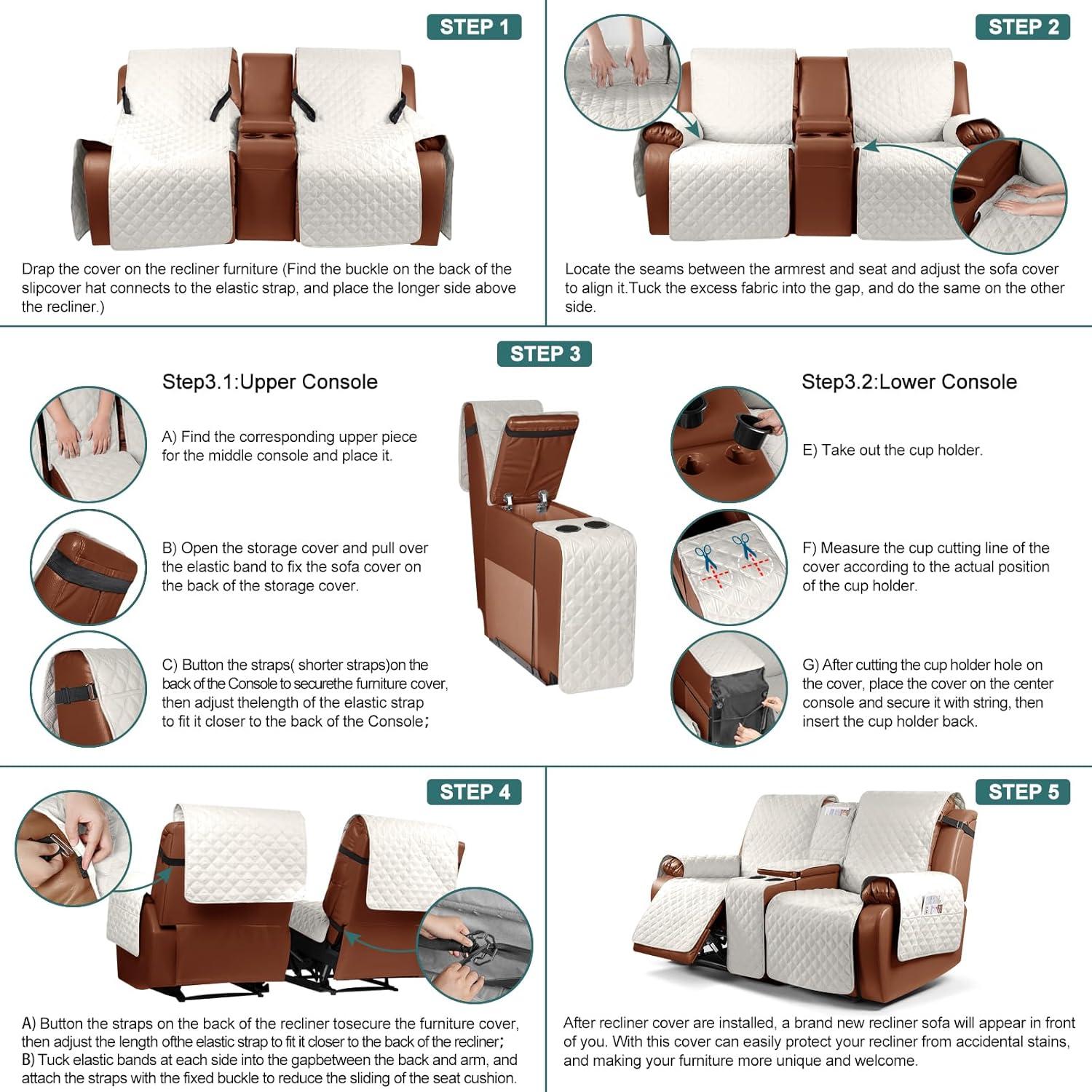 Ruaozz Waterproof Recliner Loveseat Cover with Console, Non-Slip Couch Cover Pet Cover for Double Recliner Split Sofa Cover with Elastic Straps for Kids, Dogs, Pets (Beige,2 Seater)