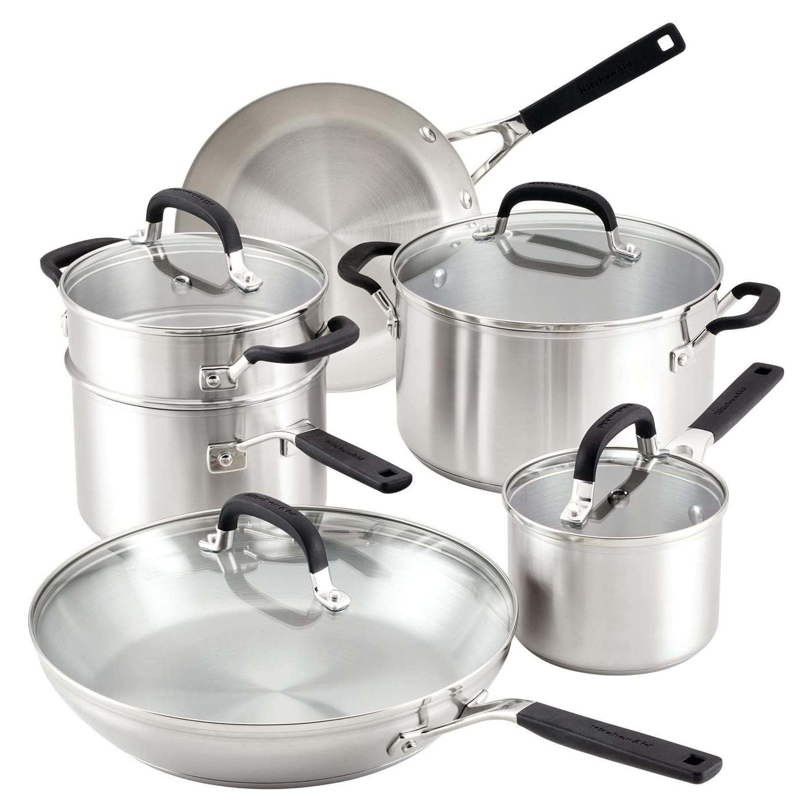 KitchenAid Stainless Steel Cookware/Pots and Pans Set, 10 Piece, Brushed Stainless Steel