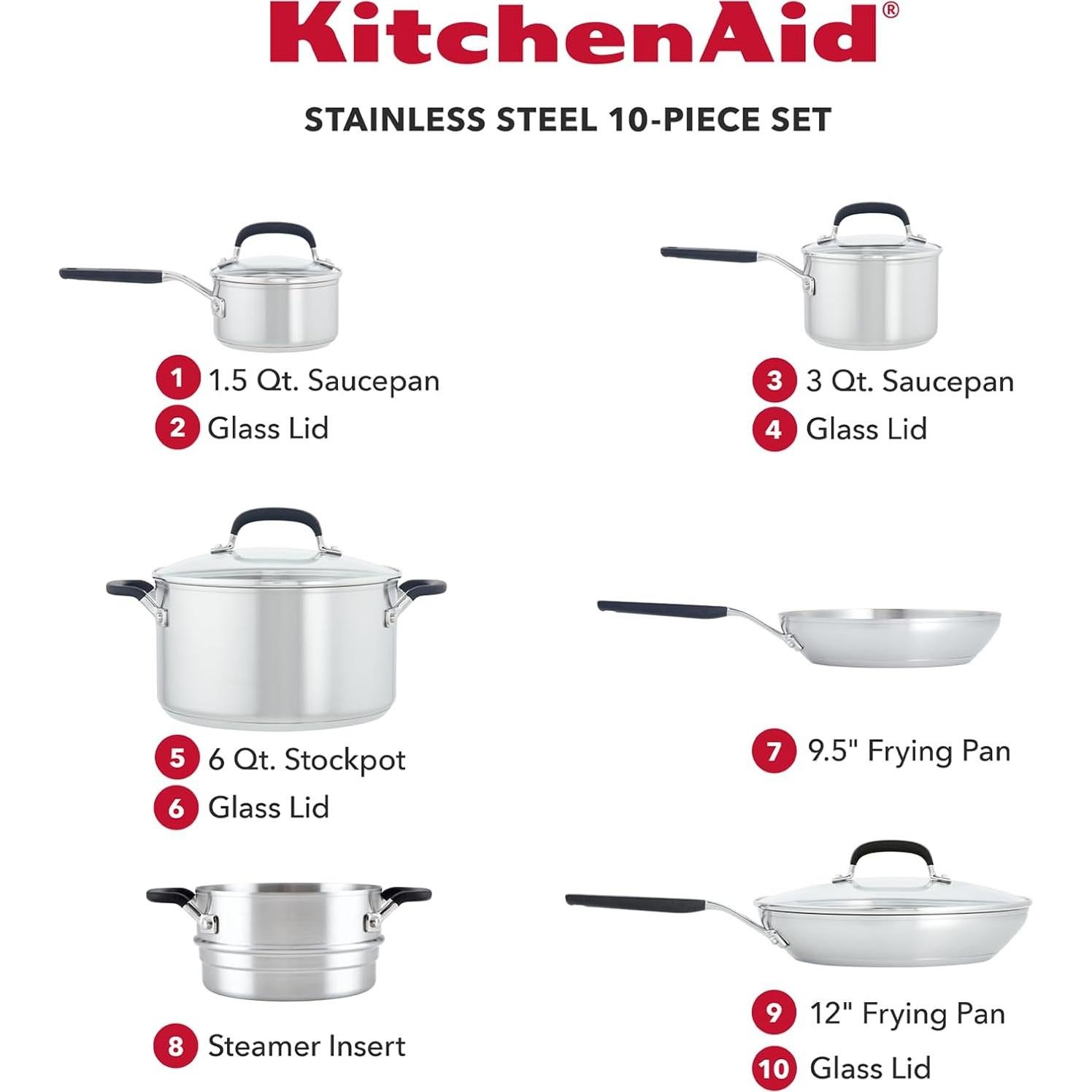 KitchenAid Stainless Steel Cookware/Pots and Pans Set, 10 Piece, Brushed Stainless Steel