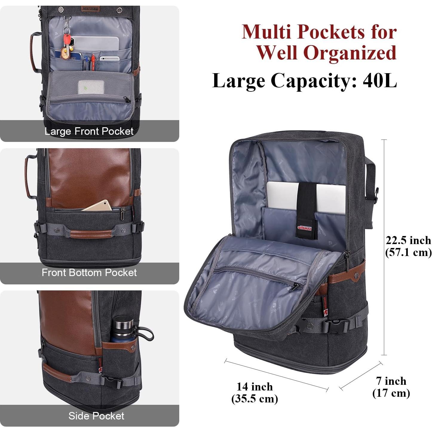 Mochila de Viaje WITZMAN A2020 Lona Negra 46.99x30.48x16.51cm