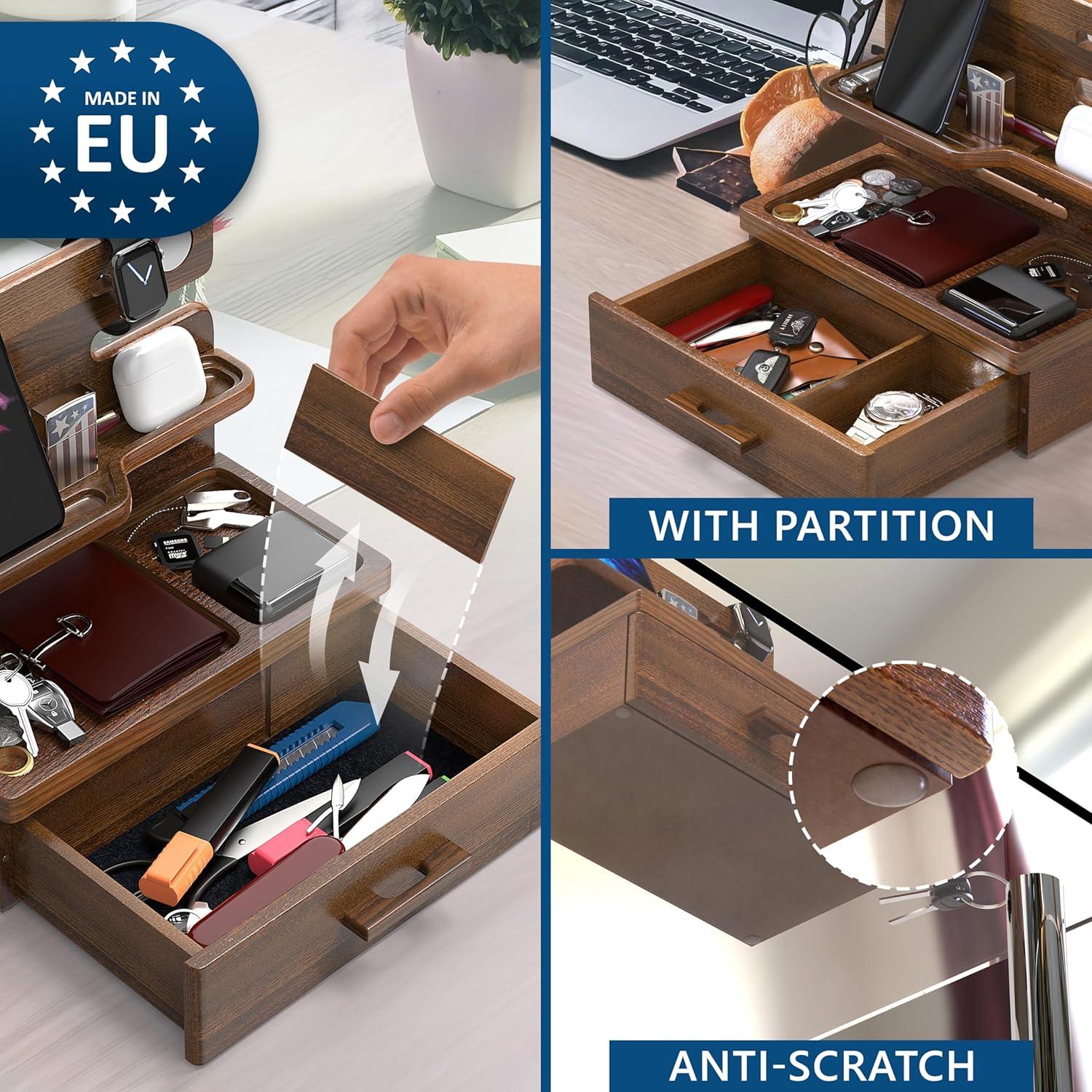 BarvA Phone Docking Station with Drawer Organizer | Night Stand Desk Charging Station | Upgraded Nightstand Organizer | Dresser Smart Watch Earbuds Phone Stand | Room Decor Gifts for Women Men Mom