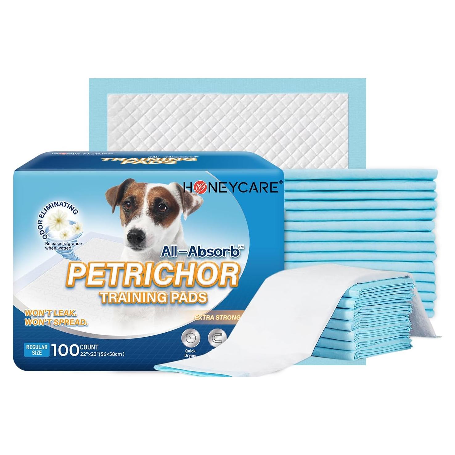 HONEY CARE All-Absorb, Large 22" x 23", 100 Count, Dog and Puppy Training Pads, Ultra Absorbent and Odor Eliminating, Leak-Proof 5-Layer Potty Training Pads with Quick-Dry Surface, Blue, A01