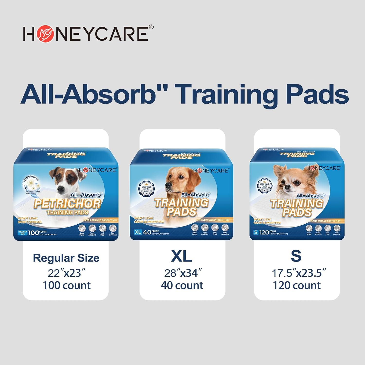 HONEY CARE All-Absorb, Large 22" x 23", 100 Count, Dog and Puppy Training Pads, Ultra Absorbent and Odor Eliminating, Leak-Proof 5-Layer Potty Training Pads with Quick-Dry Surface, Blue, A01