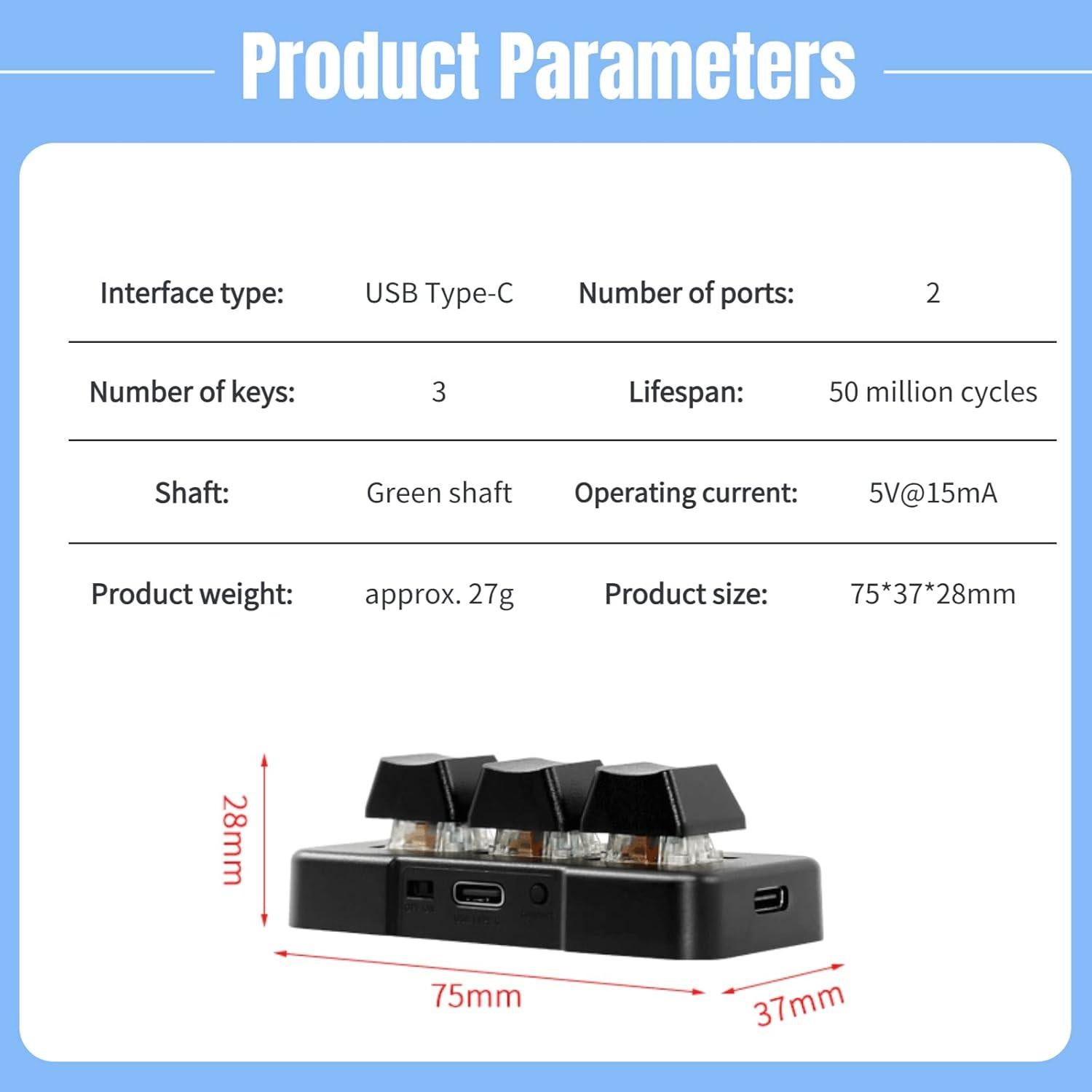Yoidesu 3 Key Mini Keypad One Handed RGB Mechanical Gaming Keyboard DIY Programmable Macro Keyboard, Plug and Play, USB Gaming Keyboard Programming Macro Keys for Office, Game,