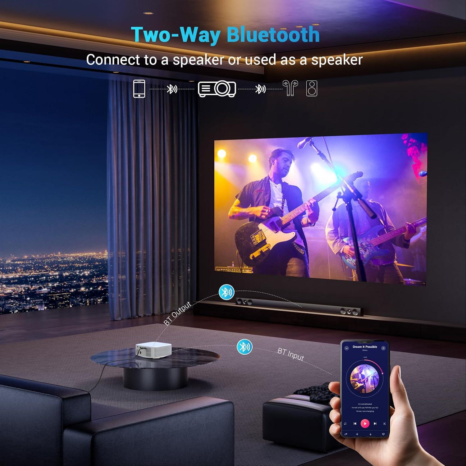 Portable Mini Projector with Electric Focus, NICPOW Full HD 1080P Projector, Bluetooth Movie Projector with Auto Keystone, Two-Way Bluetooth, Ideal for Indoor Outdoor Use, White