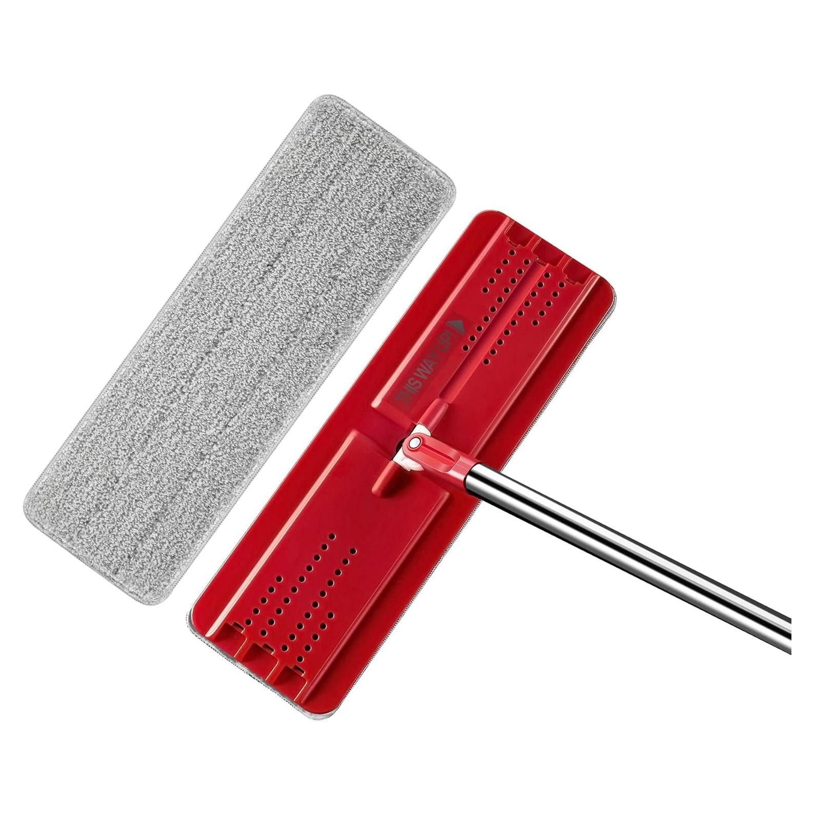 Flat Mop with Reusable Microfiber Pad, Flexible Mop Head for Efficient Cleaning, Ideal for Hardwood, Laminate, and Tile Surfaces - Red