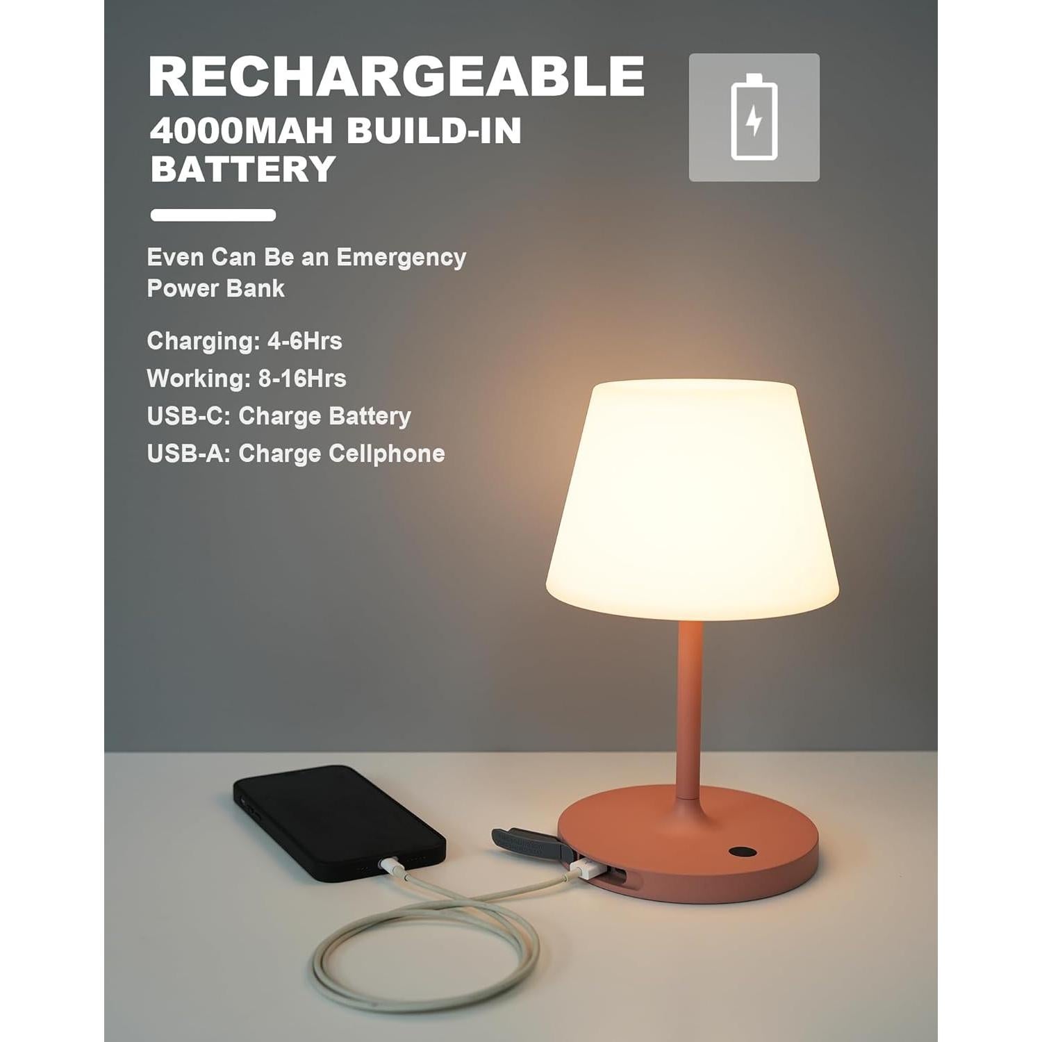 Lámpara de Mesa LED Recargable Rosa 4000mAh IP44 24.4cm