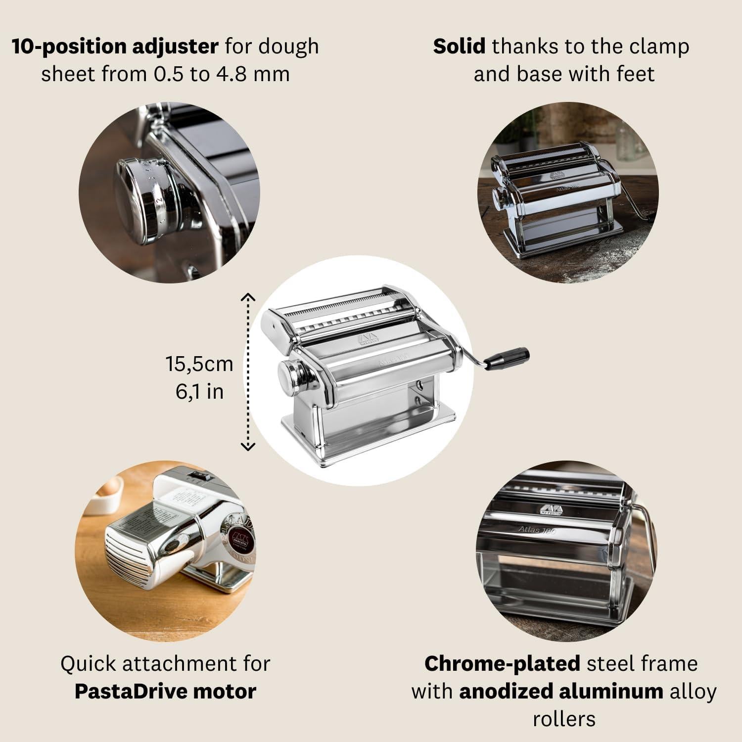 Máquina de Pasta Manual Marcato Atlas 180 - Acero Cromado