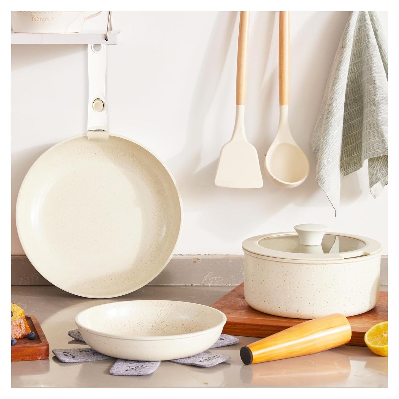 Juego de Ollas y Sartenes vkoocy 5 Piezas Cerámica Crema