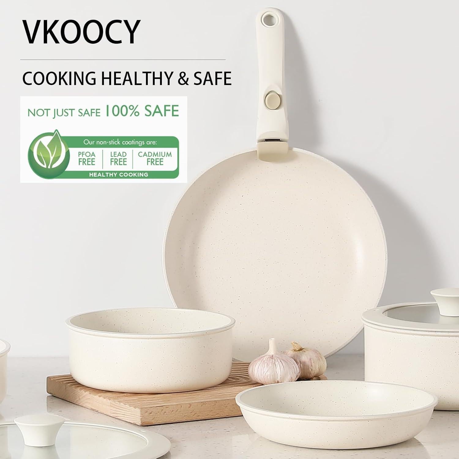 Juego de Ollas y Sartenes vkoocy 5 Piezas Cerámica Crema