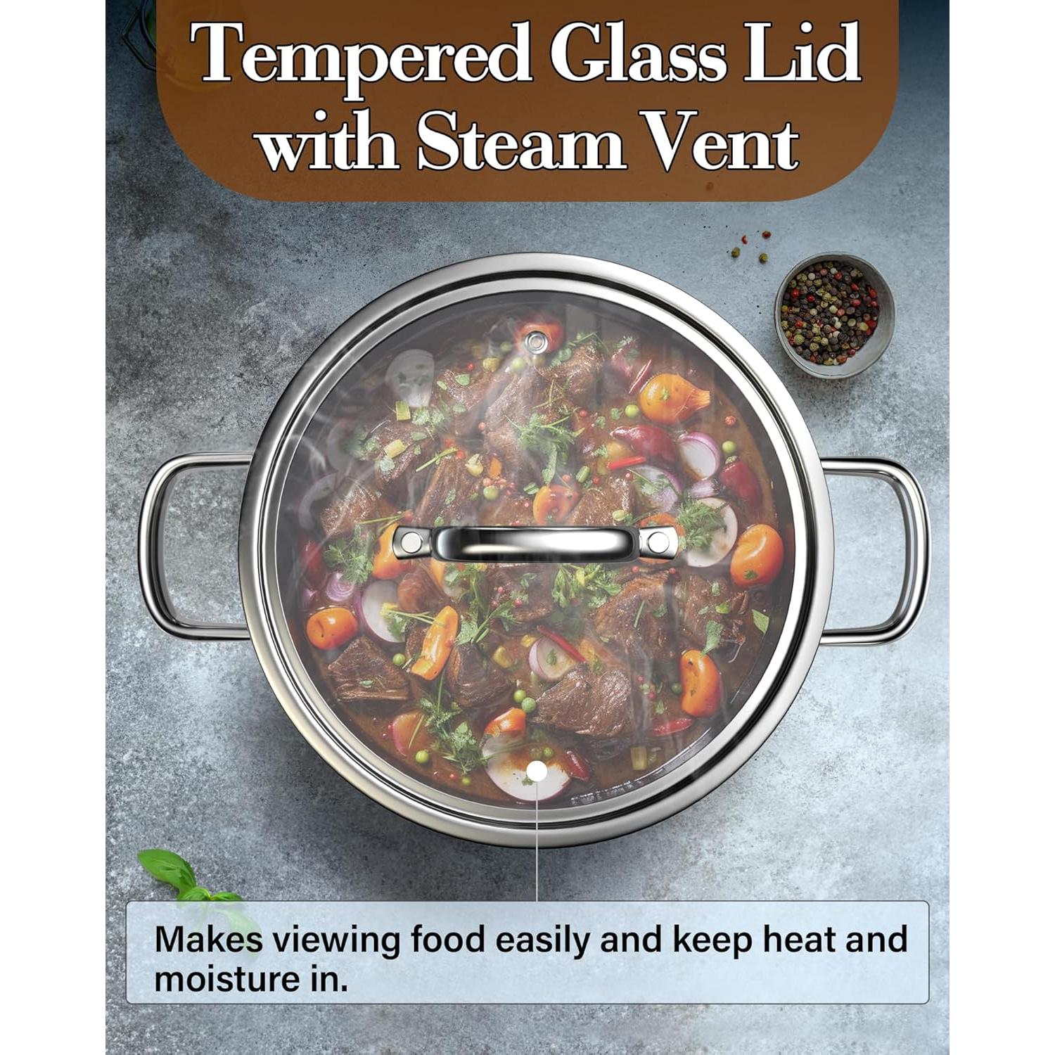 Olla Cook N Home de Acero Inoxidable 8 Qt con Tapa Vidrio