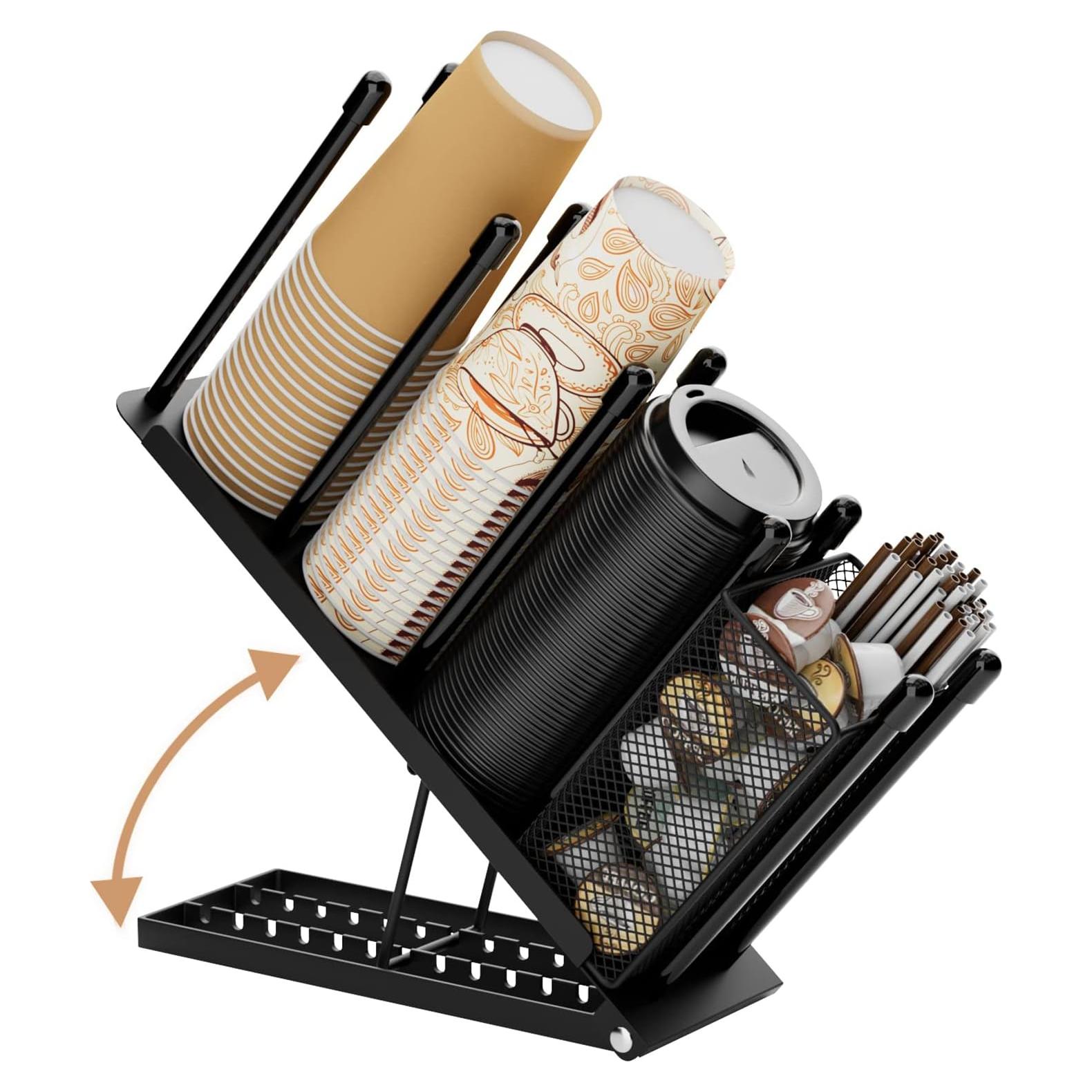 Ovicar Cup and Lid Holder - Adjustable Coffee Cup Holder Organizer 4 Compartment Disposable Cup Dispenser with Mesh Basket for Coffee Pod Straw Storage Metal (Black)